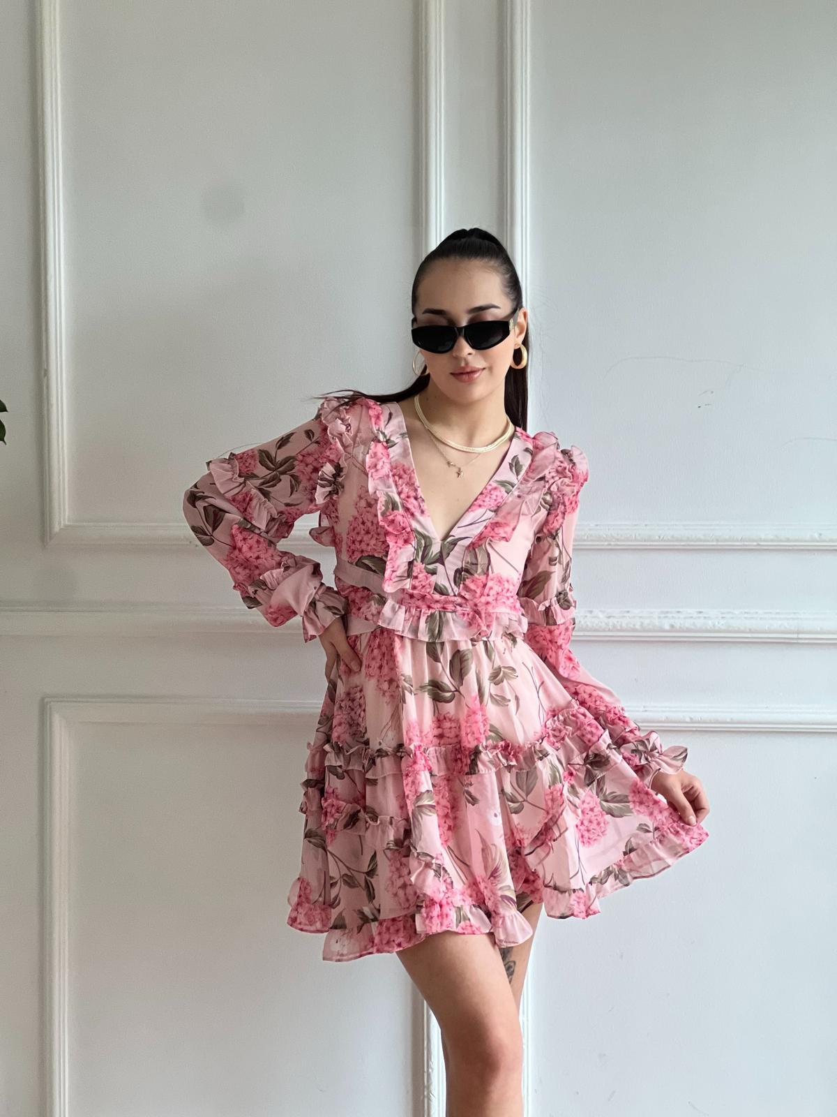 Sırt Çapraz Dekolte Çiçekli Elbise 00411 Pudra