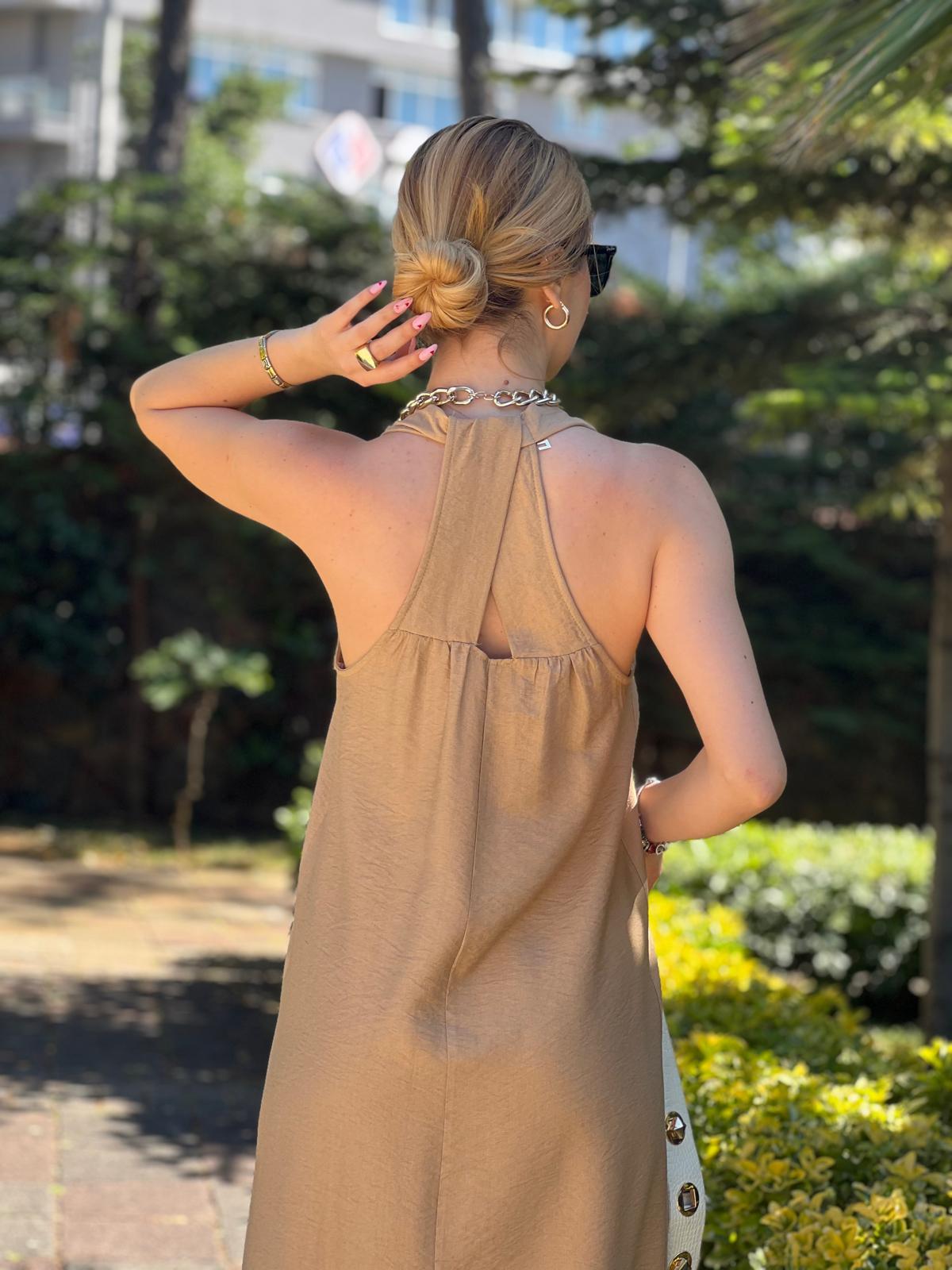 Sırt Çapraz Uzun Elbise 24181 Bej