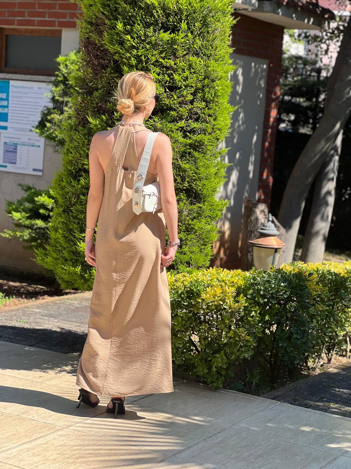 Sırt Çapraz Uzun Elbise 24181 Bej