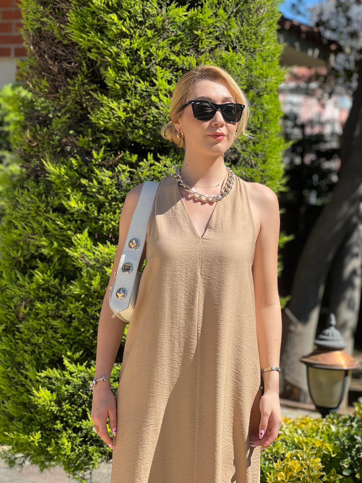 Sırt Çapraz Uzun Elbise 24181 Bej