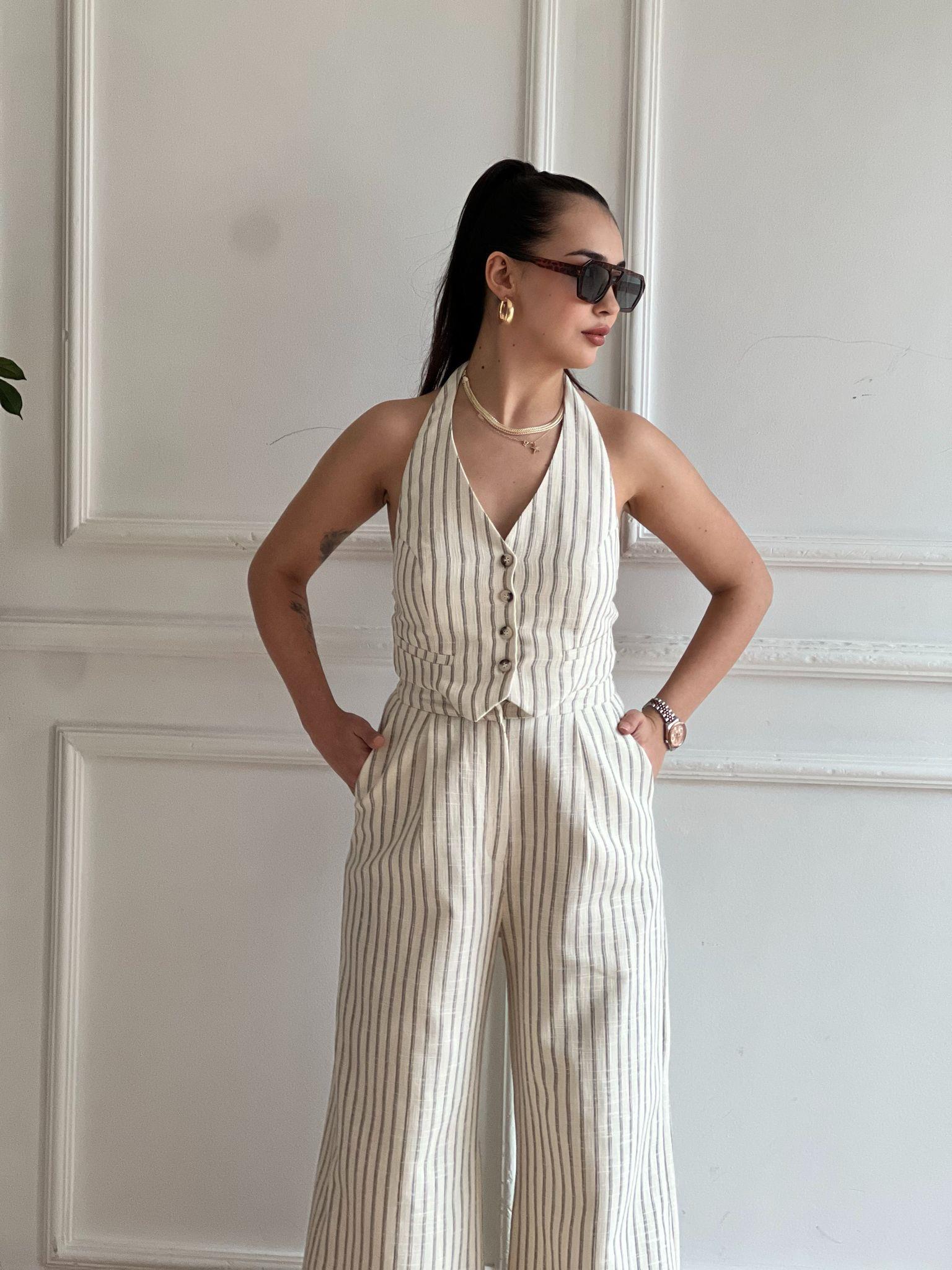 Sırt Dekolteli Keten Yelek Pantolon Takım 00333 Ekru