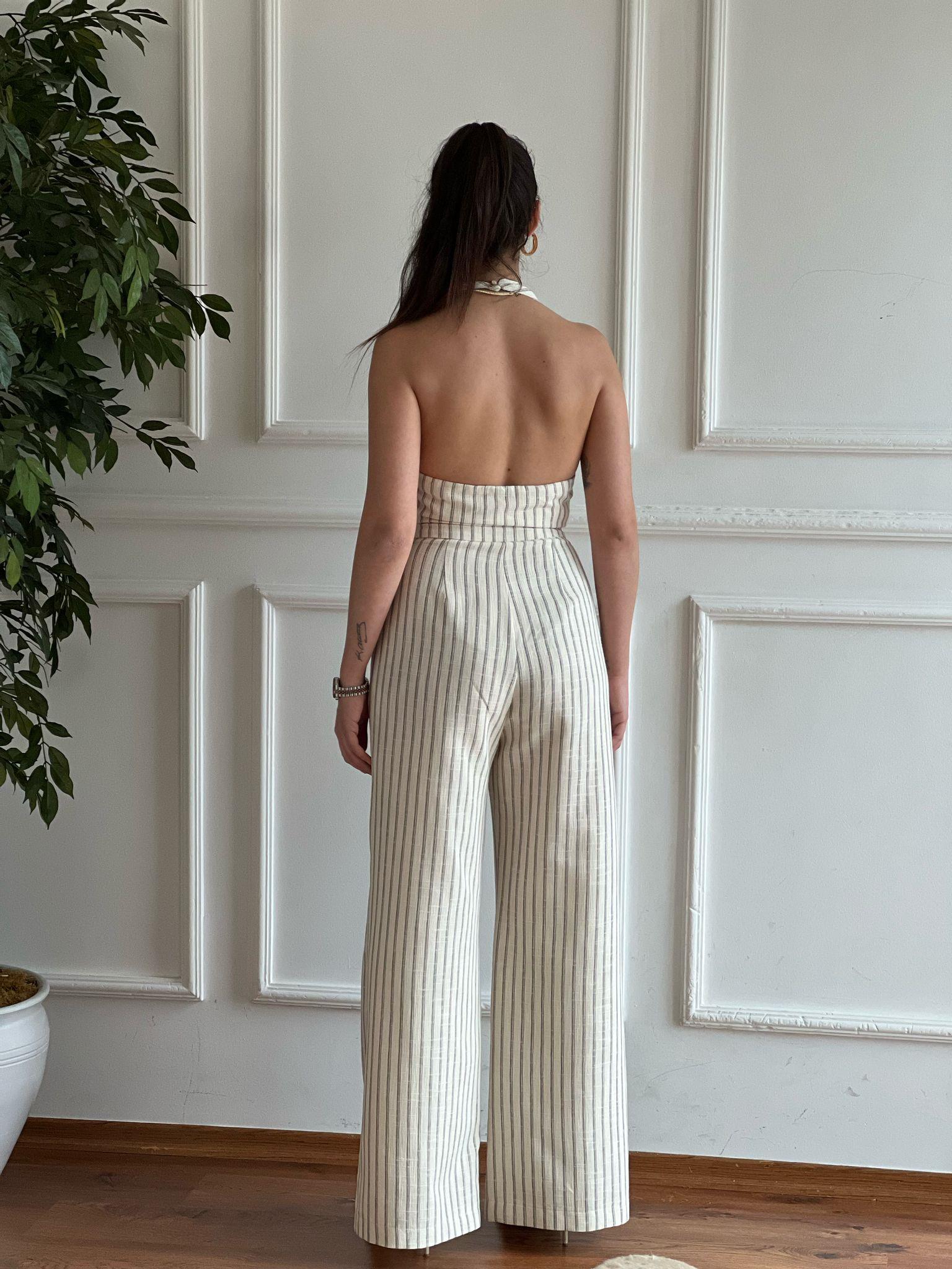 Sırt Dekolteli Keten Yelek Pantolon Takım 00333 Ekru