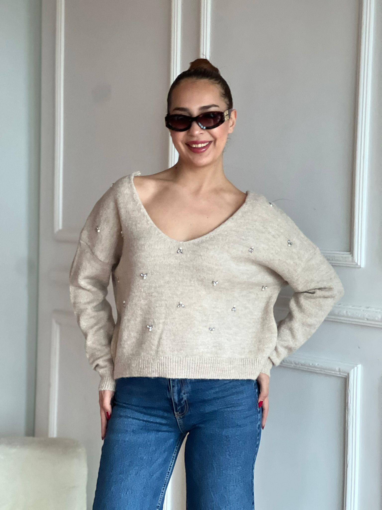 Sırtı Fiyonk Detaylı Taşlı Kazak 95077 Taş