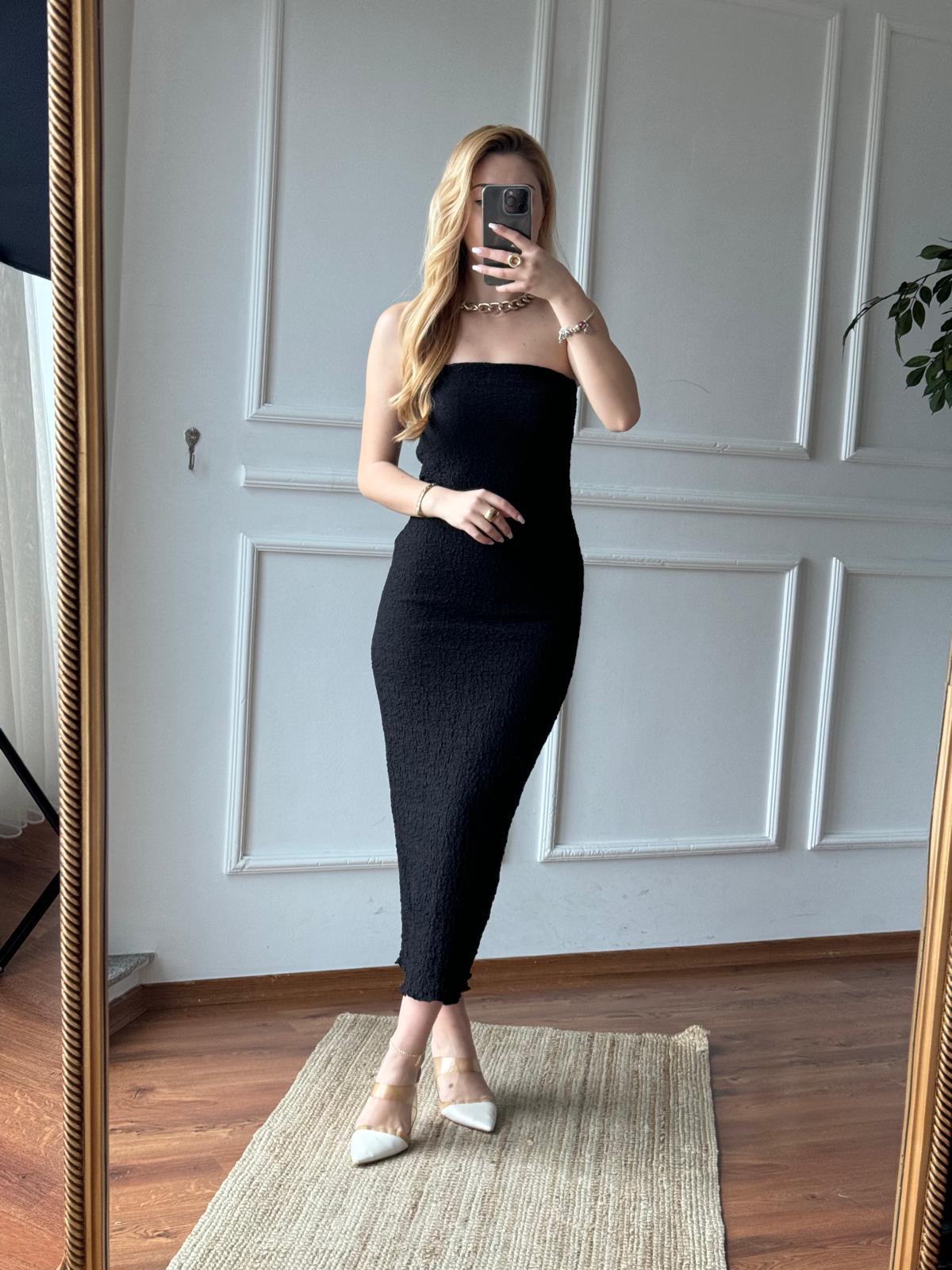 Straplez Midi Boy Elbise 90870 Siyah