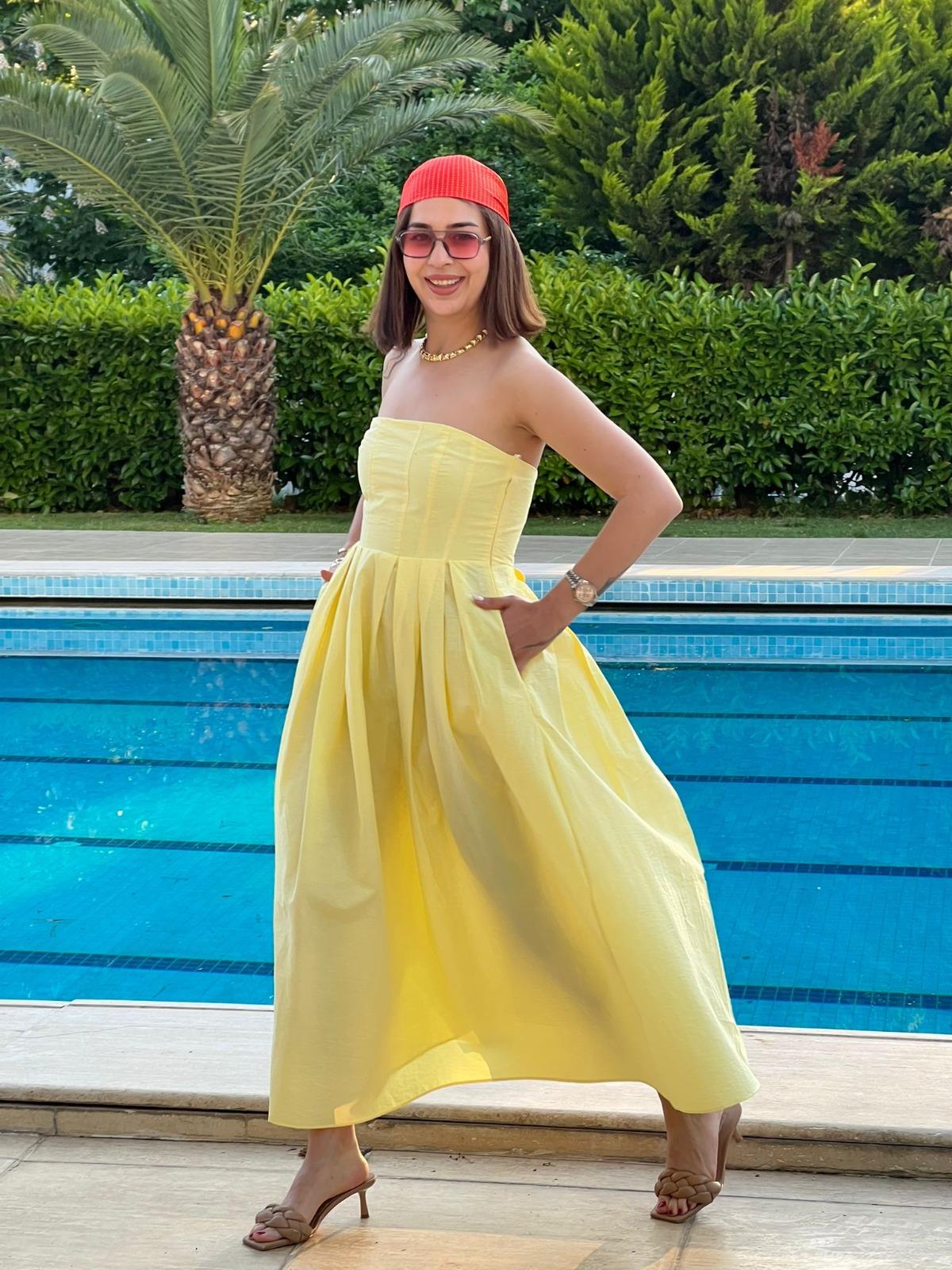 Straplez Uzun Elbise 31967 Sarı