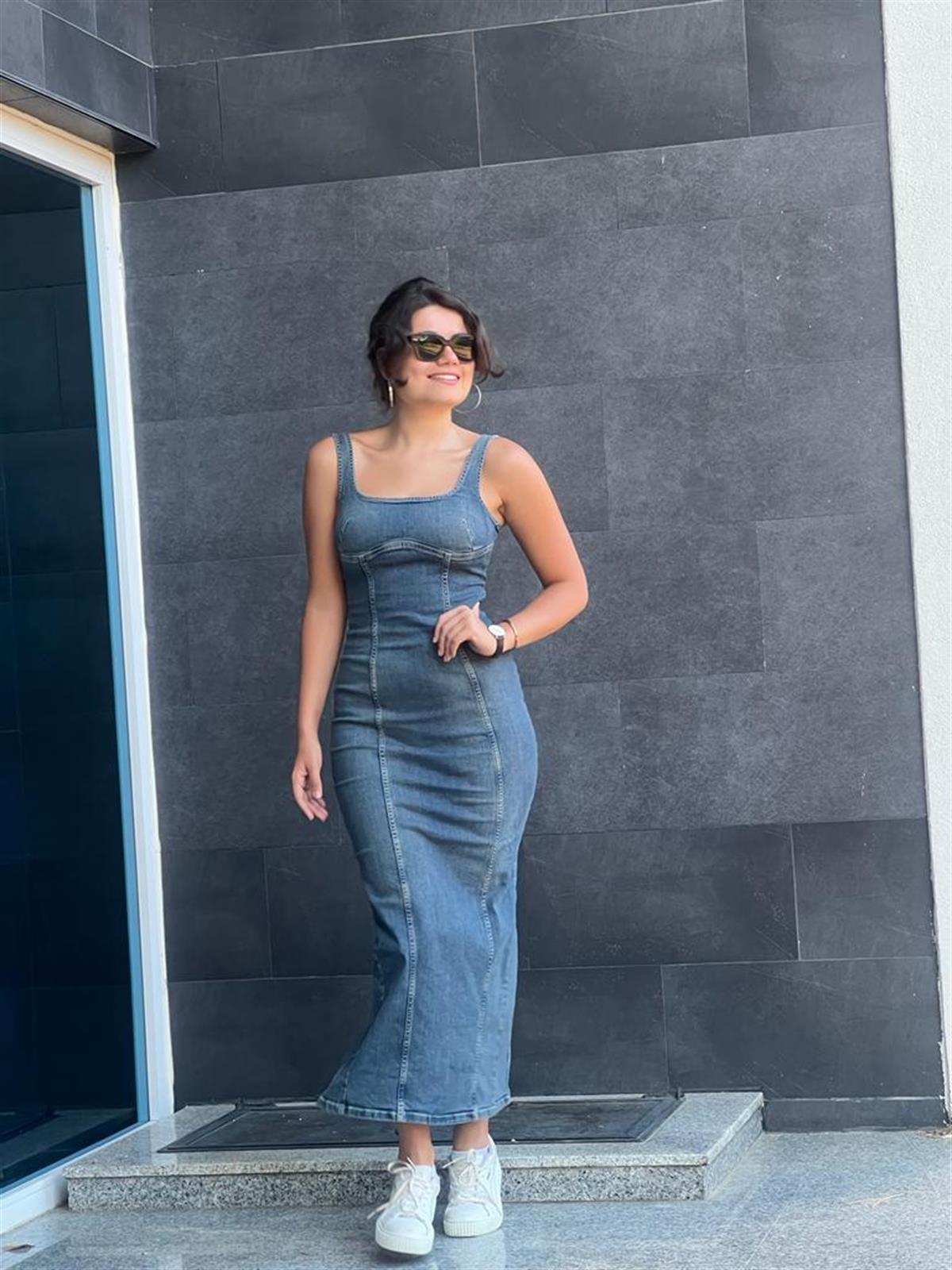 Streç Uzun Kot Elbise 90512 Mavi