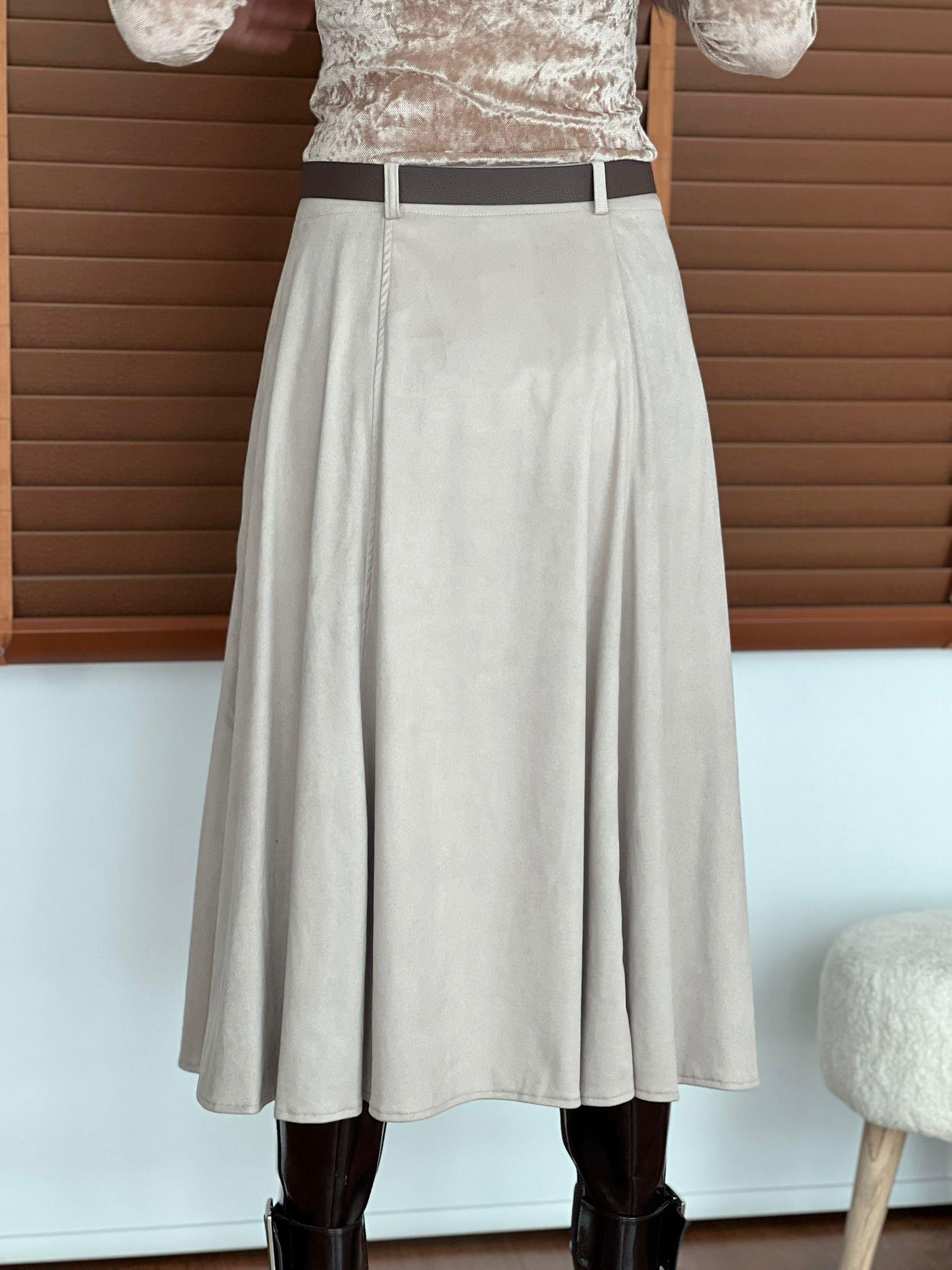 Süet Kemerli Kloş Etek 30483 Taş