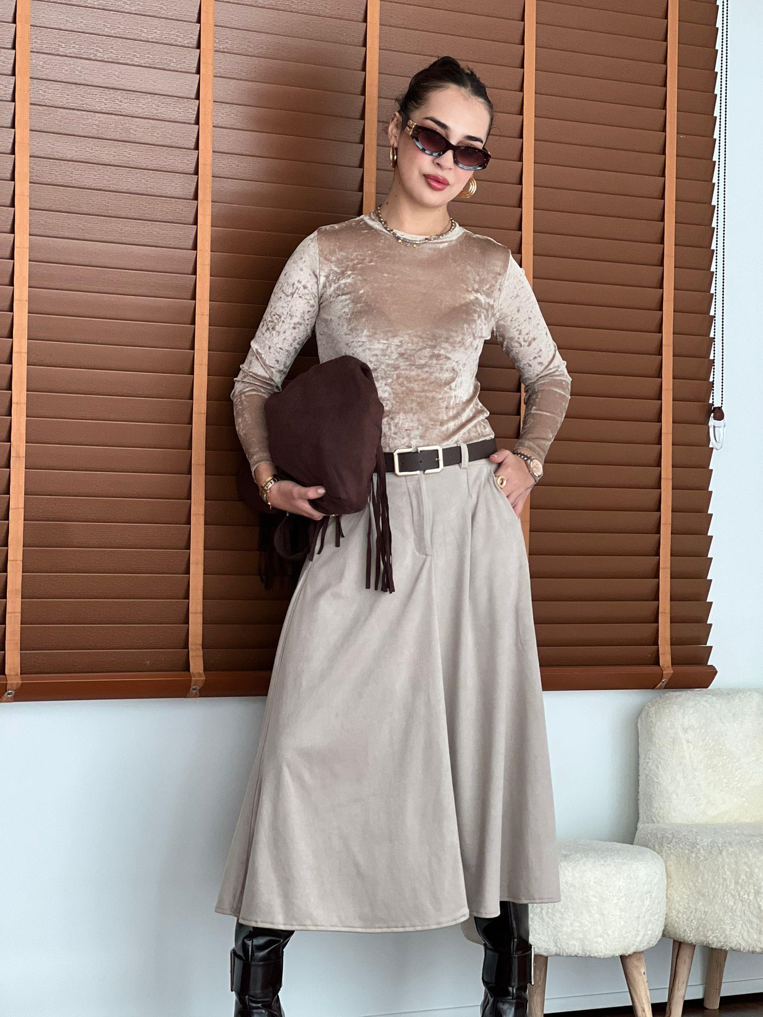 Süet Kemerli Kloş Etek 30483 Taş