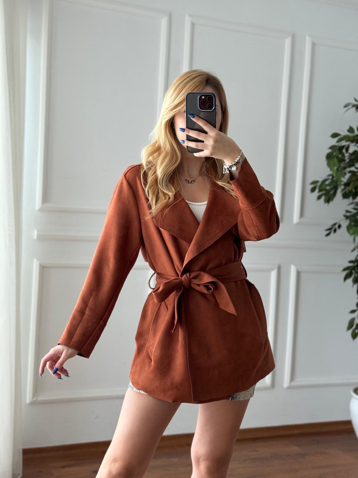 Süet Trençkot 24277 Taba