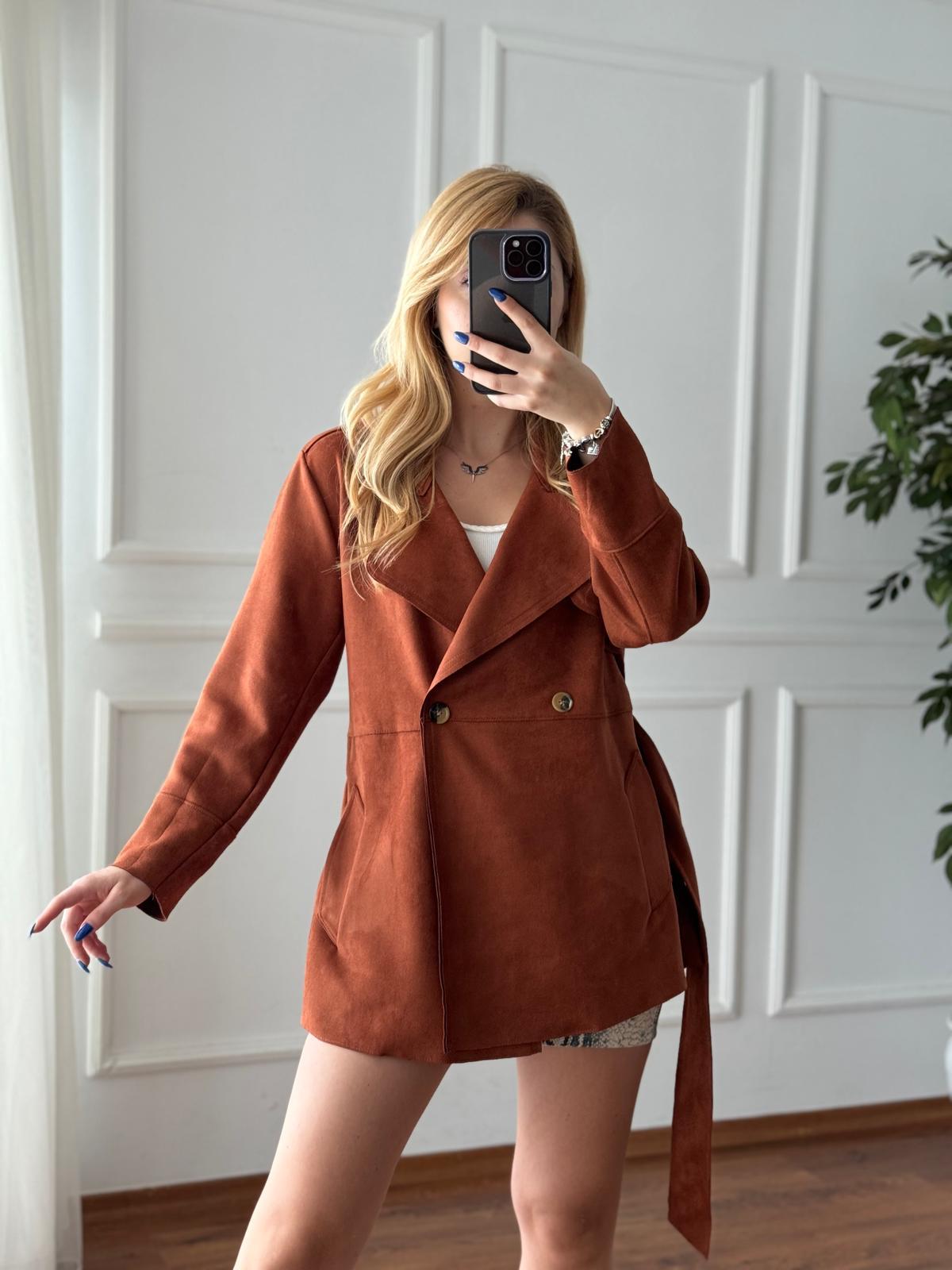 Süet Trençkot 24277 Taba