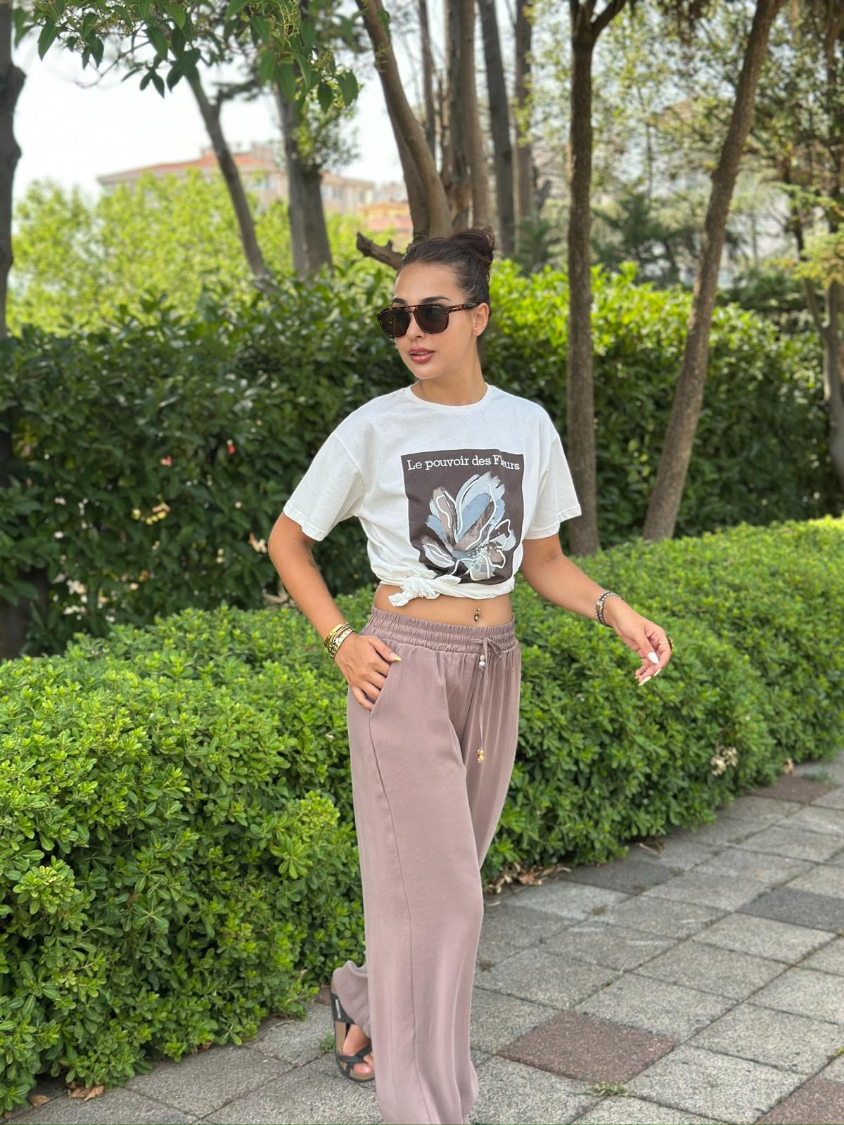 Taş Detaylı Çiçek Baskılı Tshirt 180223 Beyaz