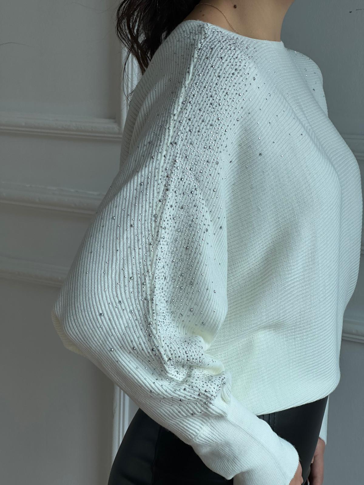 Taş İşlemeli Yarasa Kol Kazak 10265 Ekru