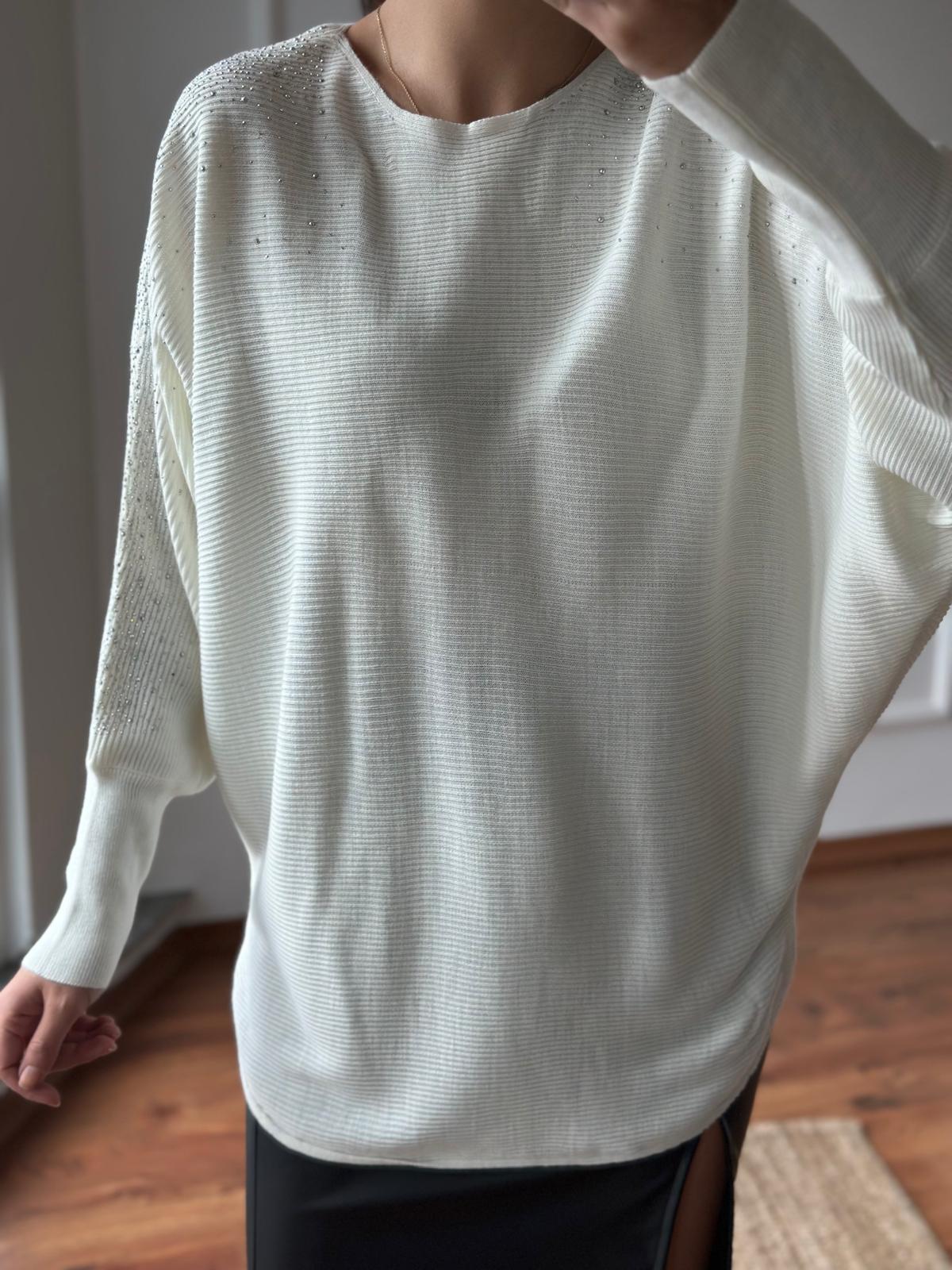 Taş İşlemeli Yarasa Kol Kazak 10265 Ekru