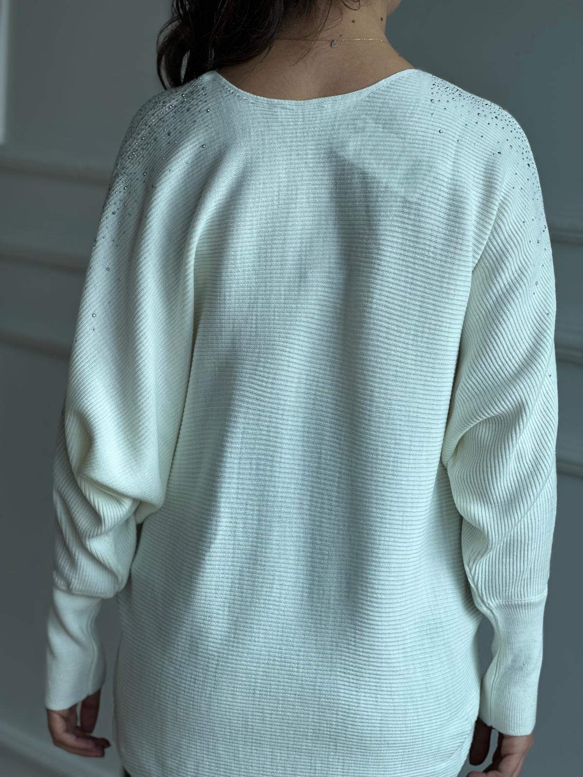 Taş İşlemeli Yarasa Kol Kazak 10265 Ekru