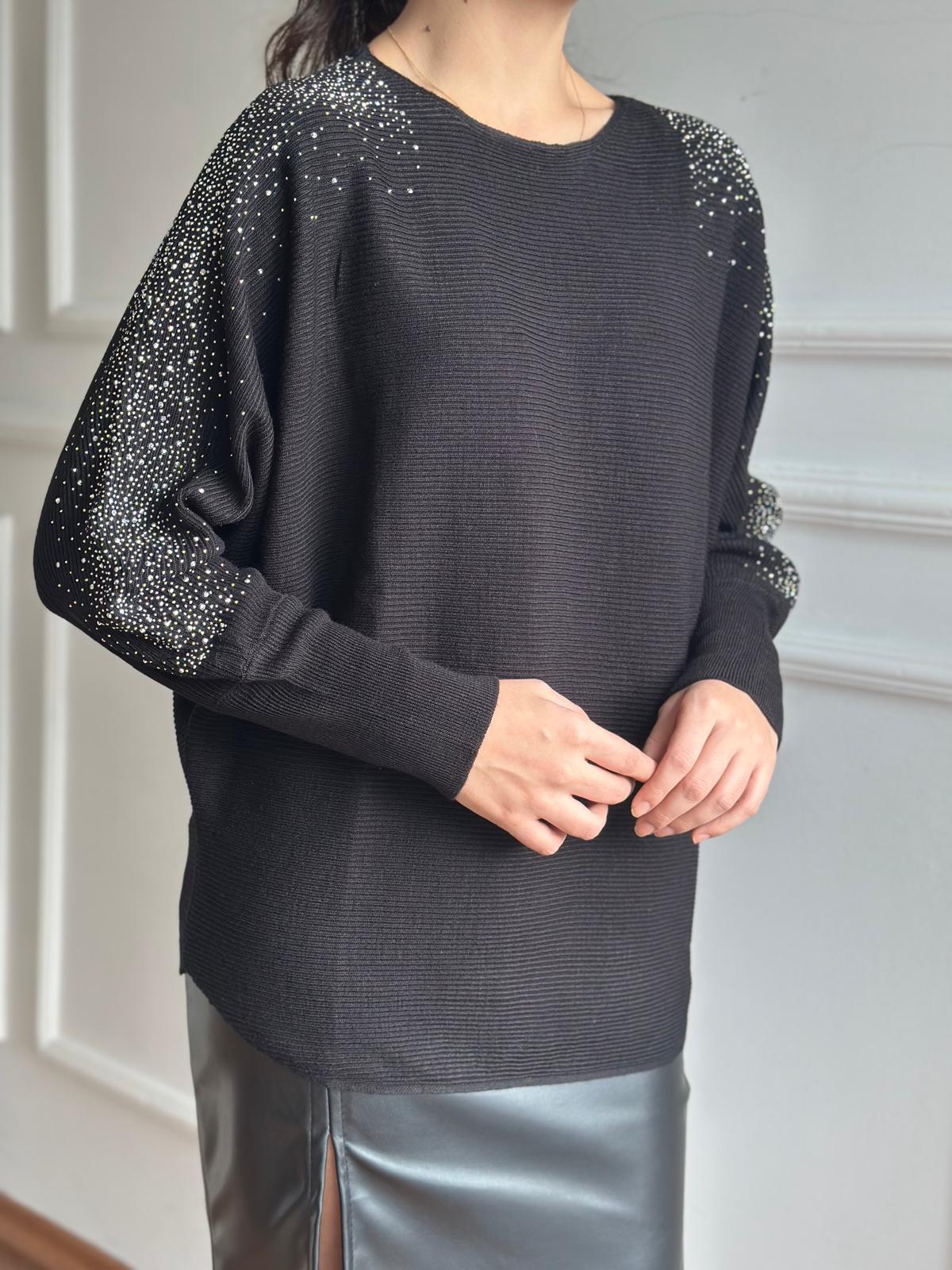 Taş İşlemeli Yarasa Kol Kazak 10265 Siyah