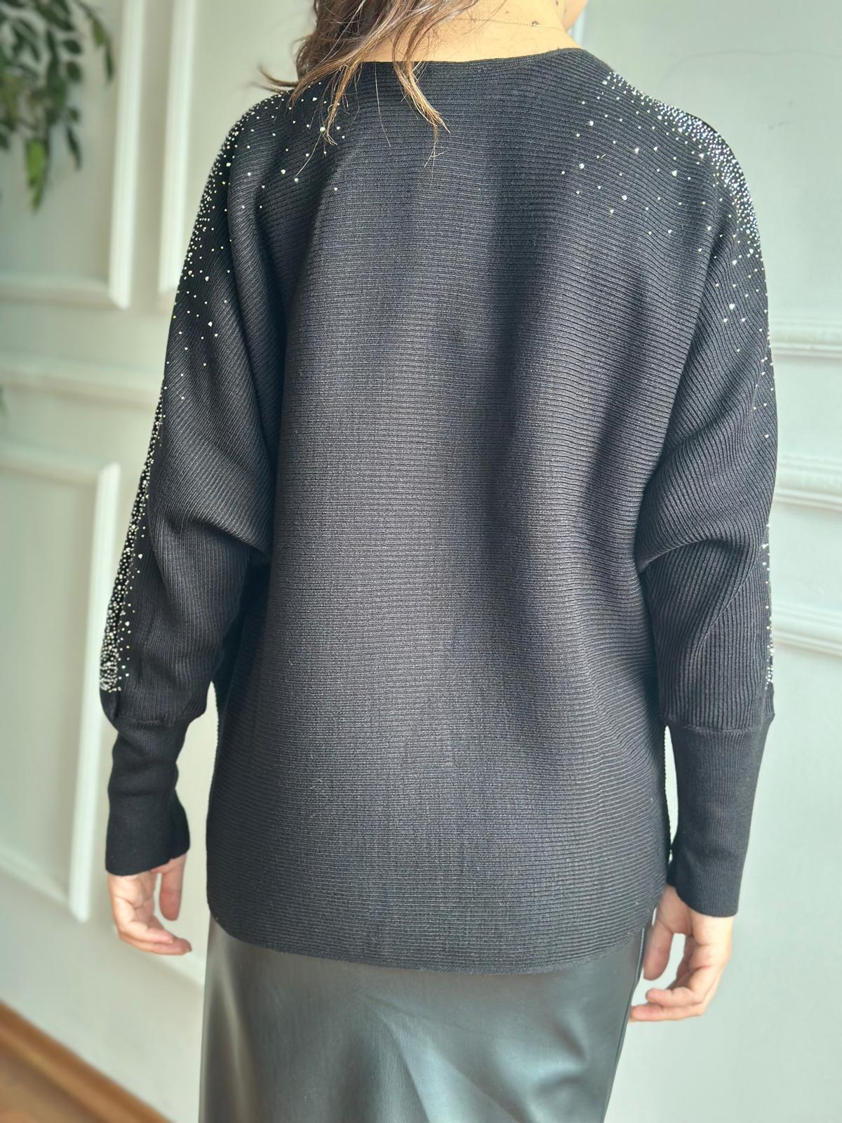 Taş İşlemeli Yarasa Kol Kazak 10265 Siyah