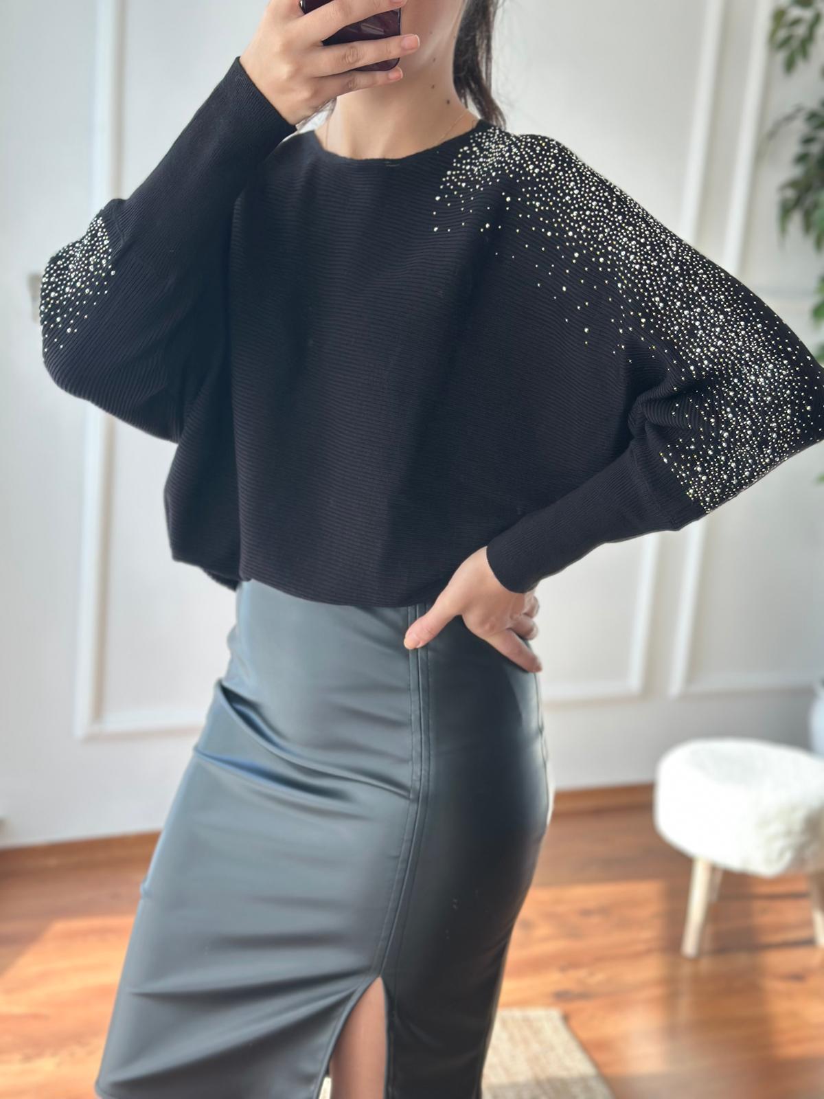 Taş İşlemeli Yarasa Kol Kazak 10265 Siyah