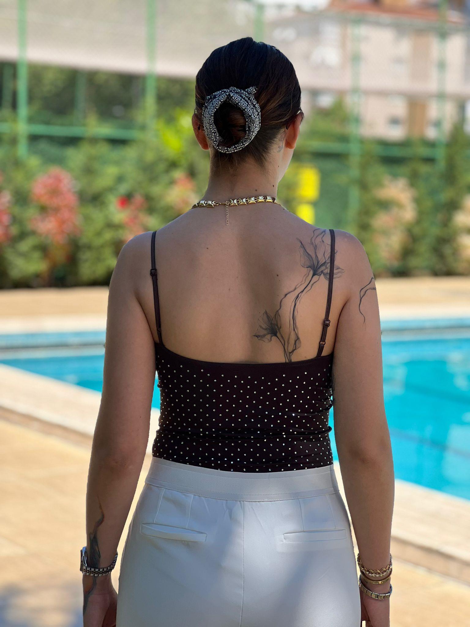 Taşlı Bodysuit 01498 Kahverengi