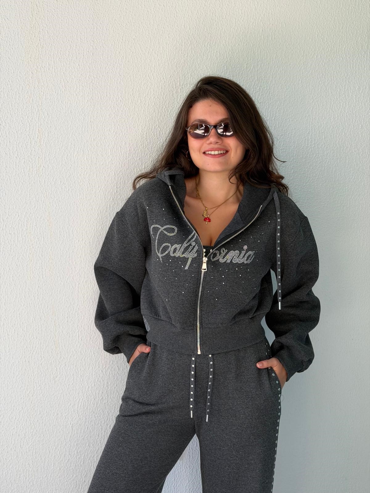 Taşlı Crop Sweatshirt 02450 Antrasit