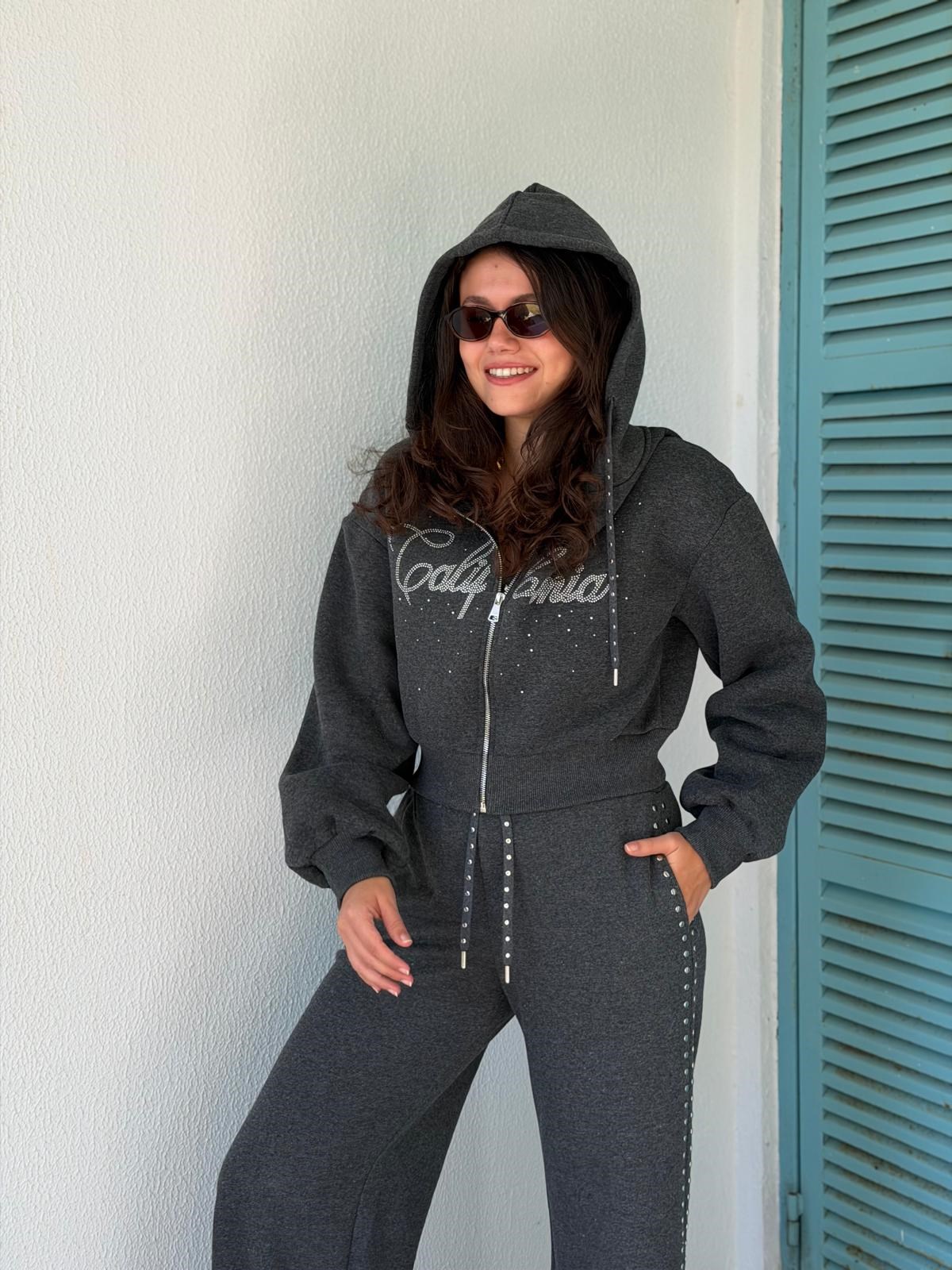 Taşlı Crop Sweatshirt 02450 Antrasit