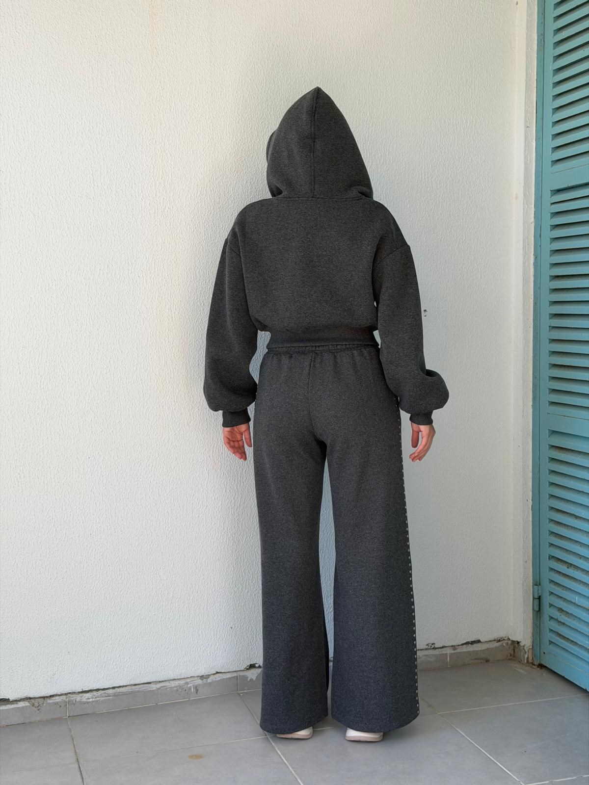 Taşlı Crop Sweatshirt 02450 Antrasit
