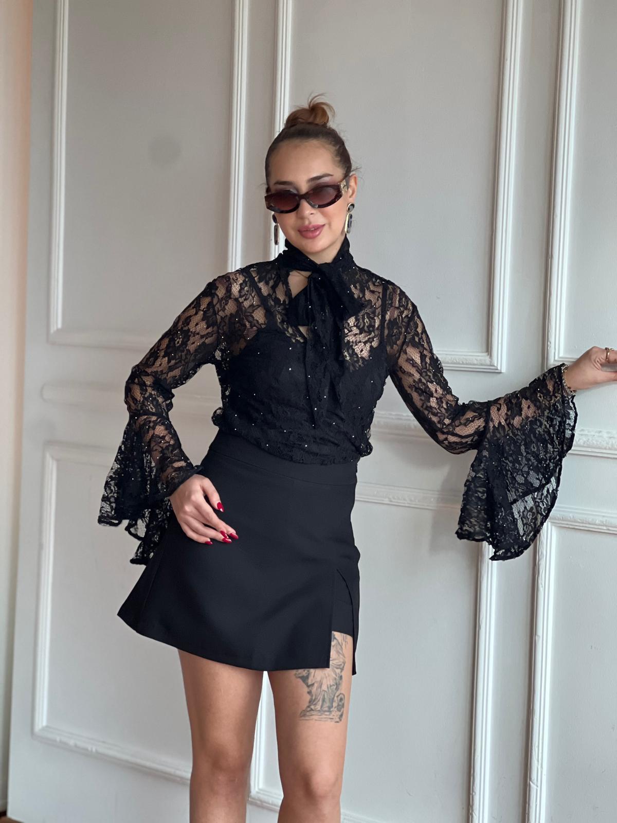 Taşlı Dantel Bluz 31341 Siyah