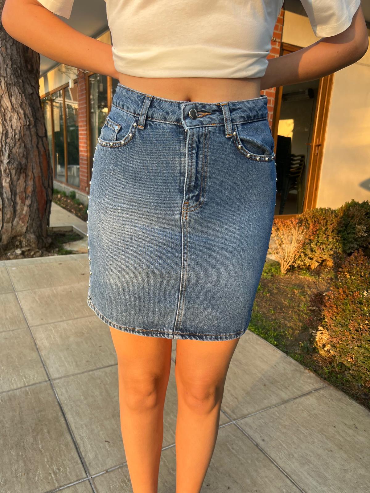 Taşlı Kot Etek 25692 Mavi