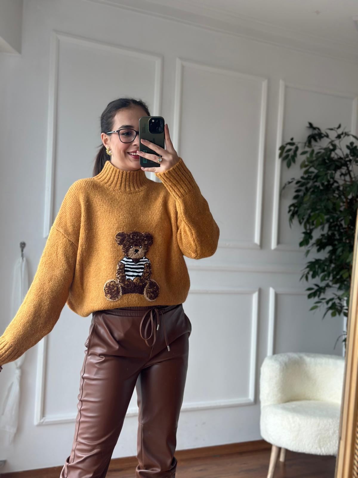 Teddy İşlemeli Kazak 24746 Hardal