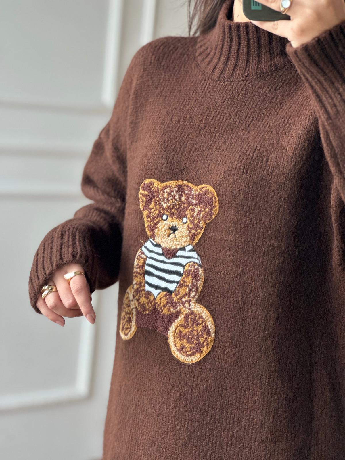 Teddy İşlemeli Kazak 24746 Koyu Kahve
