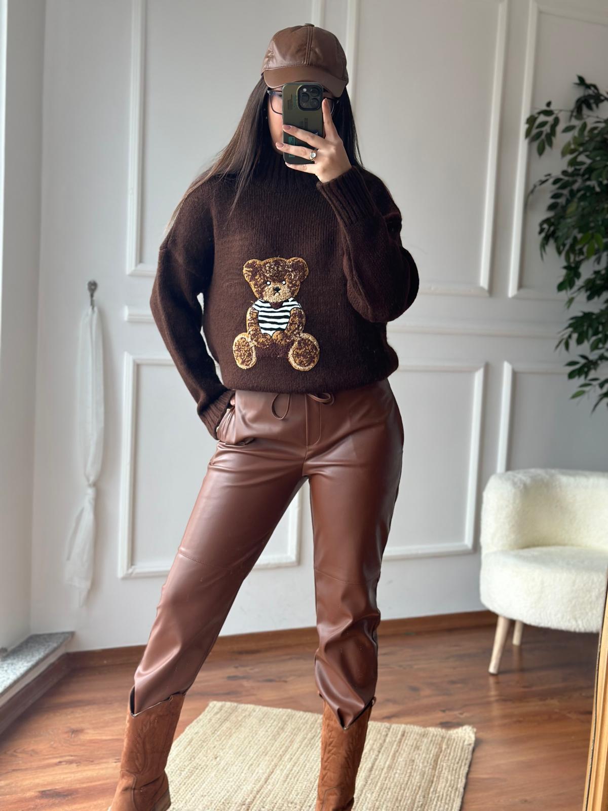 Teddy İşlemeli Kazak 24746 Koyu Kahve