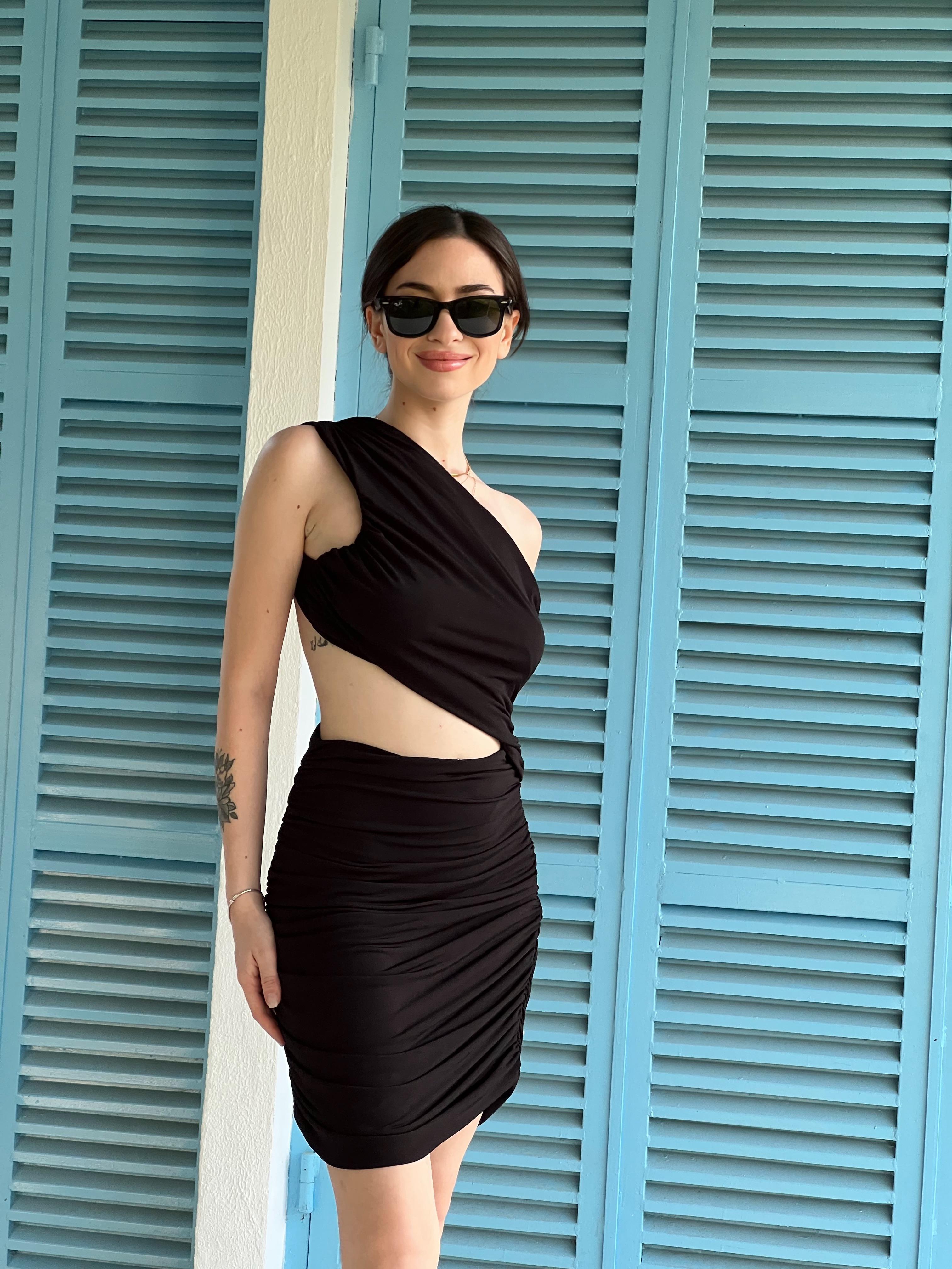 Tek Omuz Drapeli Elbise 00628 Siyah