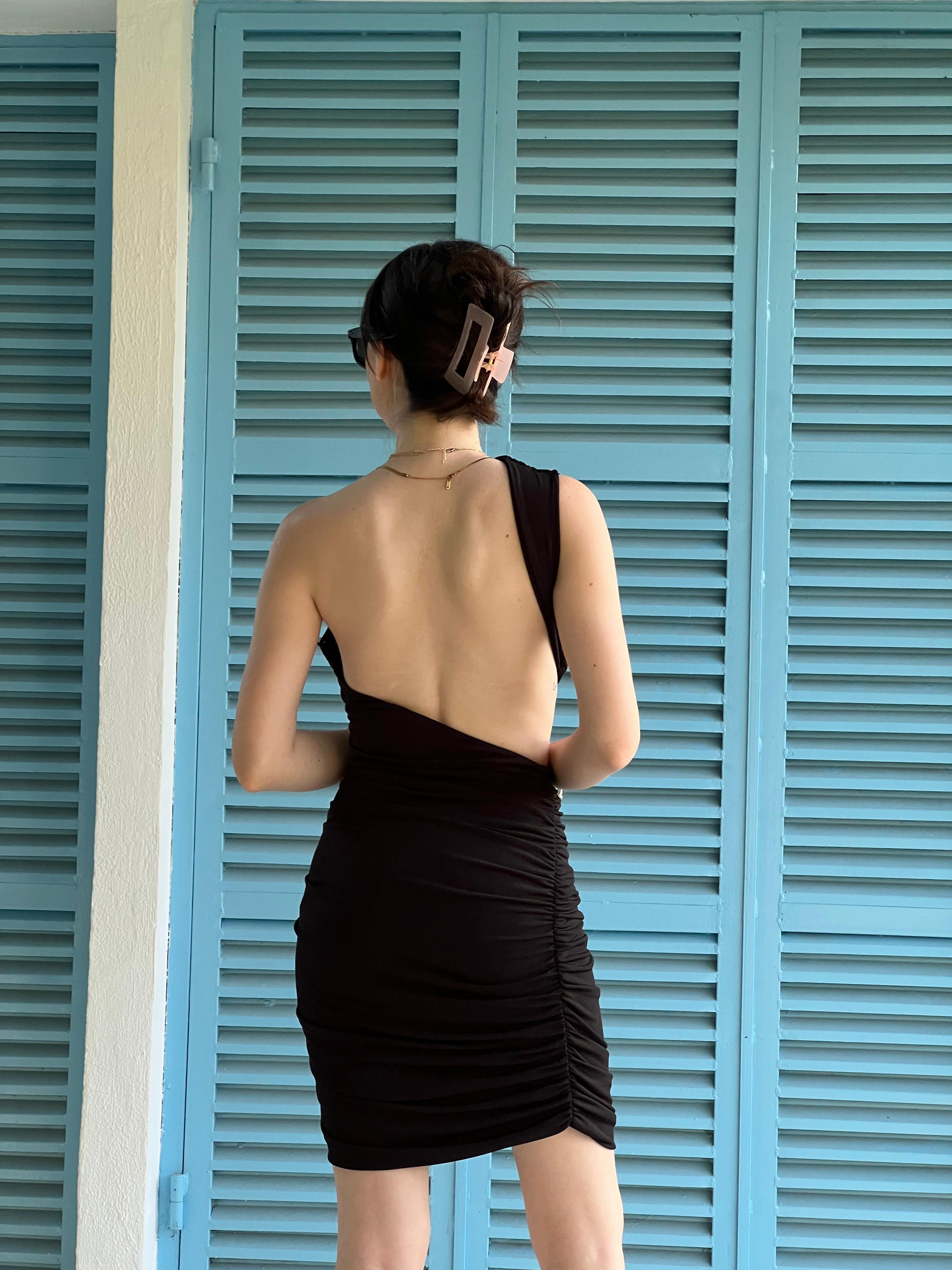 Tek Omuz Drapeli Elbise 00628 Siyah