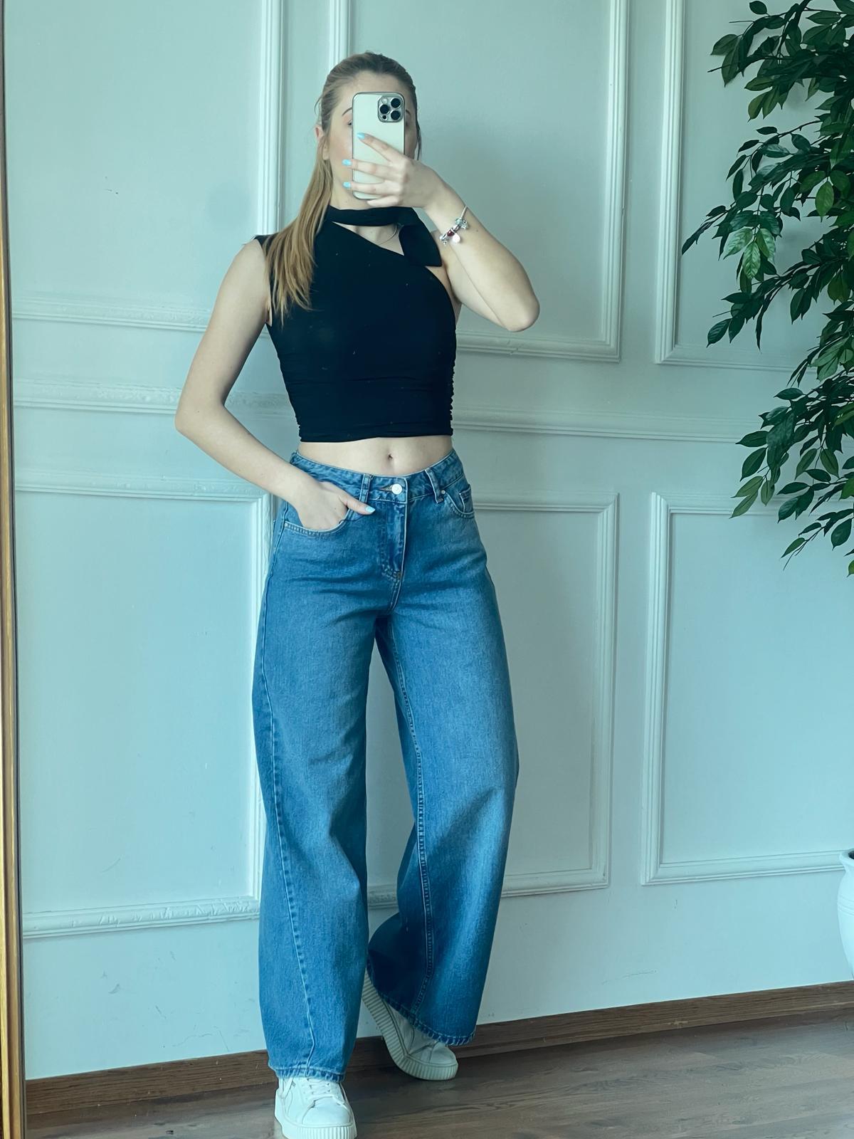 Tek Omuz Fular Detaylı Bluz 2302 Siyah