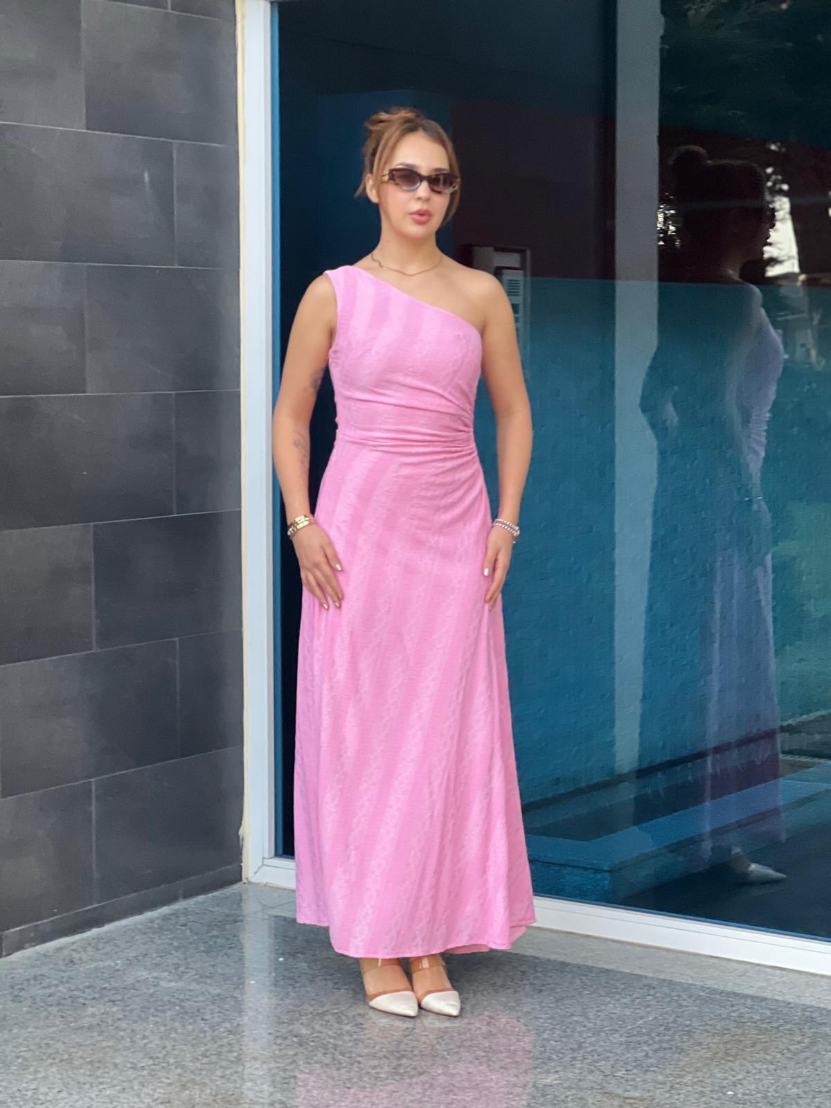 Tek Omuz Pencereli Elbise 251718 Pembe