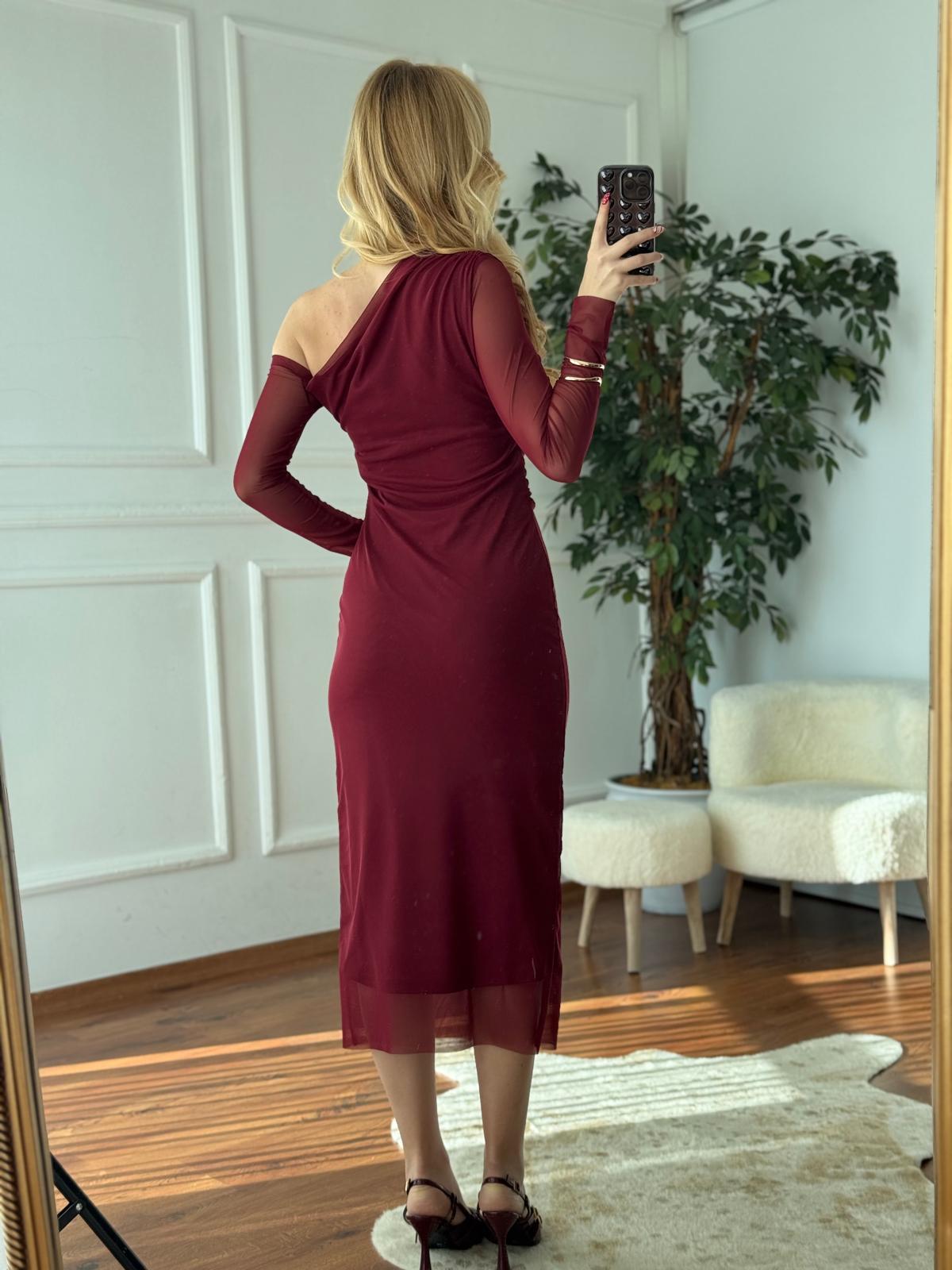 Tek Omuz Şifon Elbise 31942 Bordo