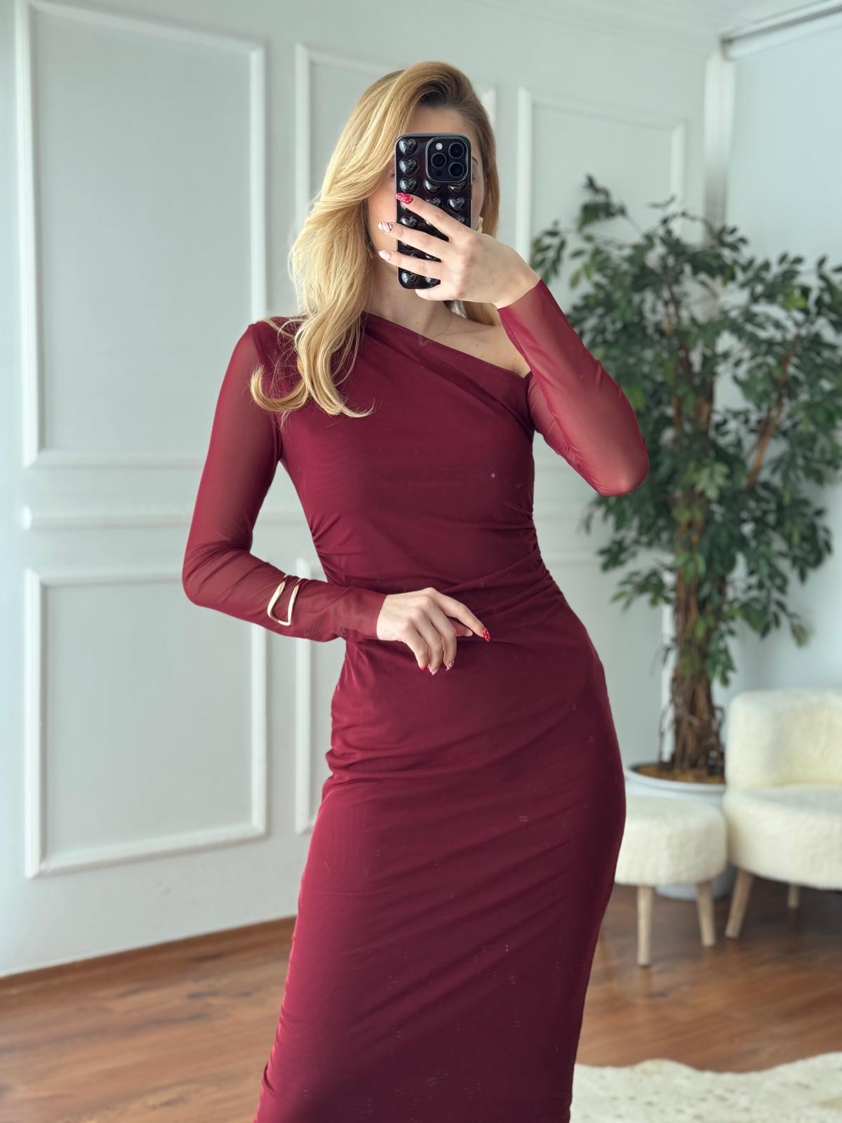 Tek Omuz Şifon Elbise 31942 Bordo