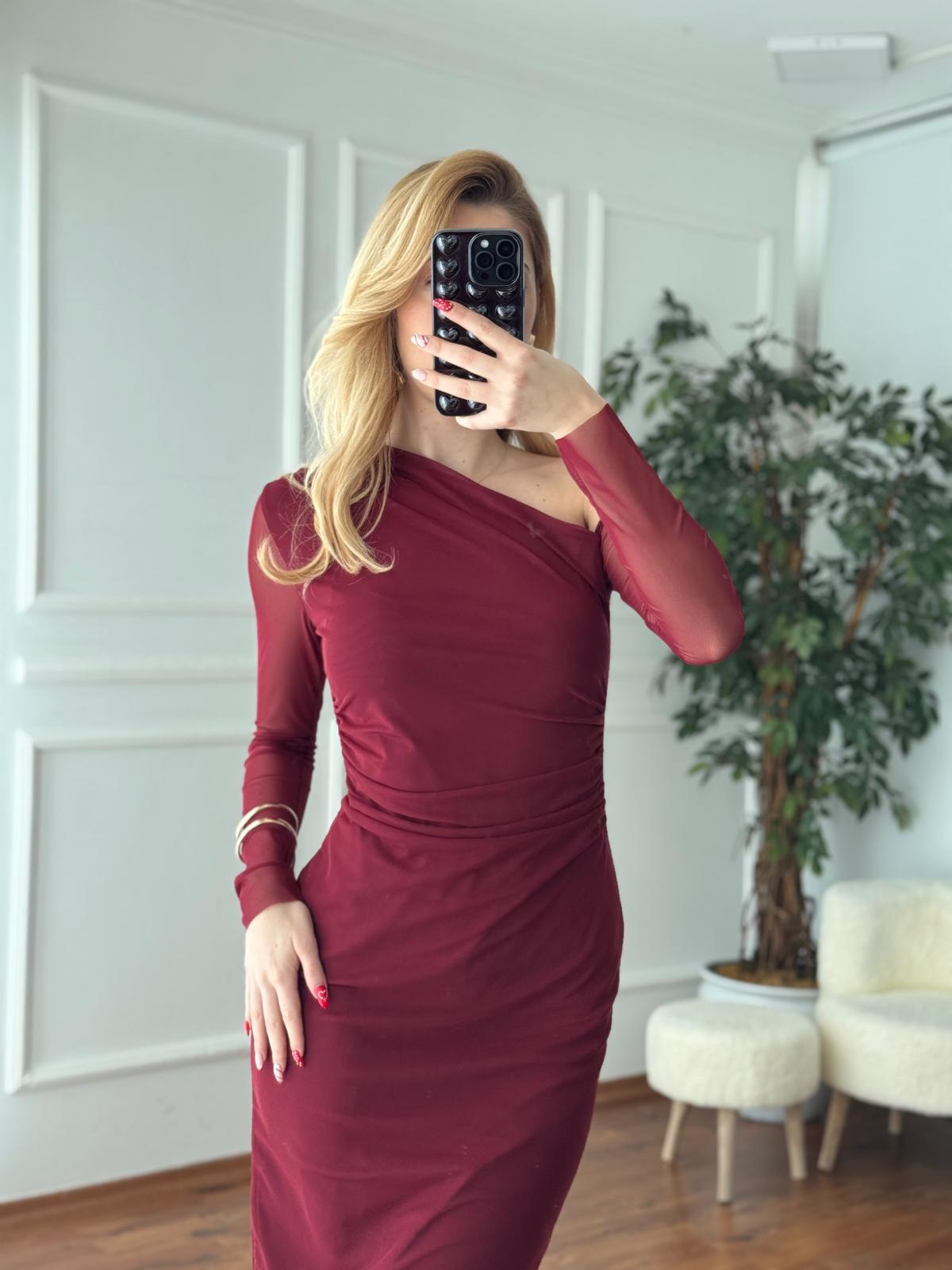 Tek Omuz Şifon Elbise 31942 Bordo