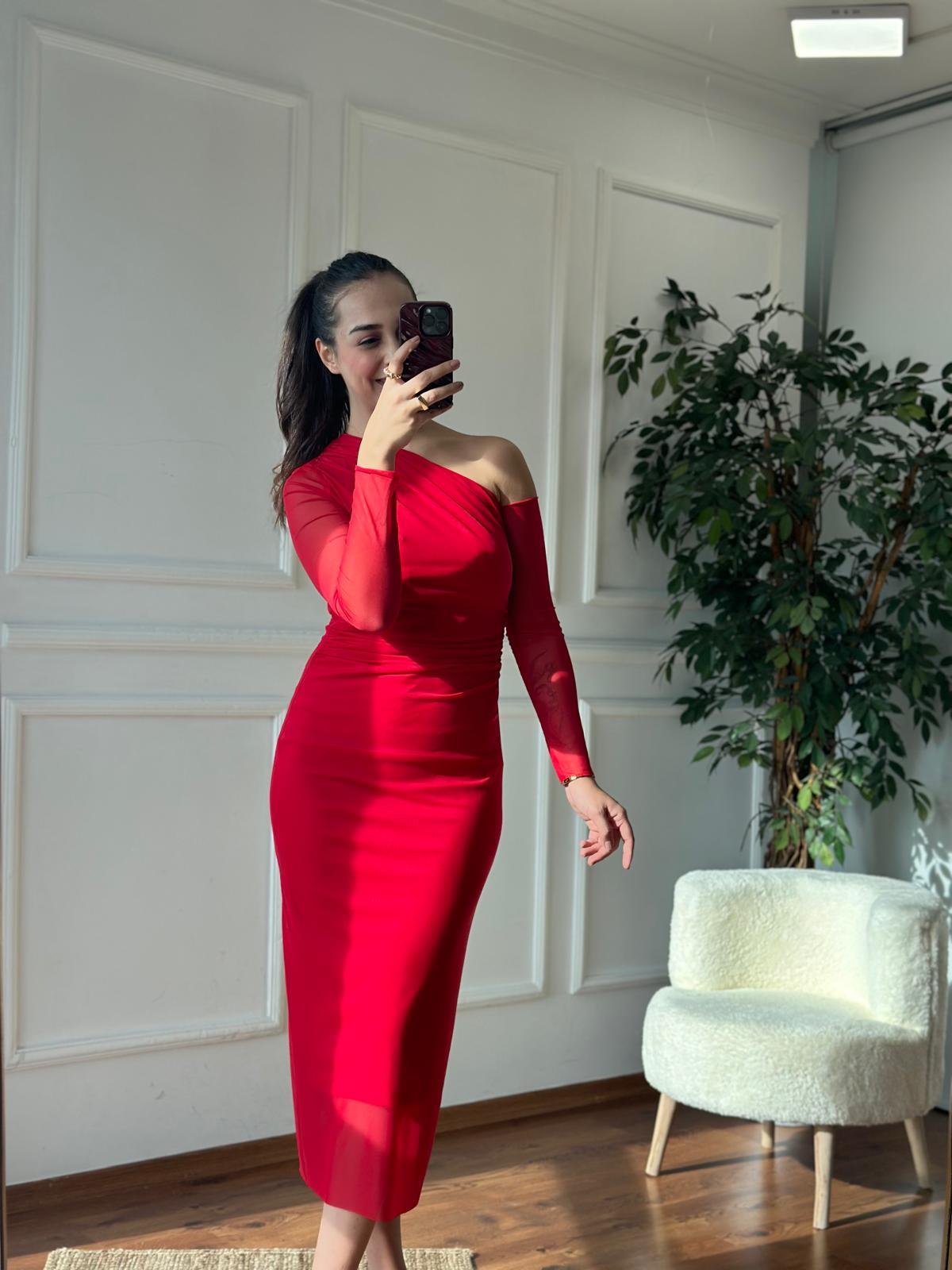 Tek Omuz Şifon Elbise 31942 Kırmızı