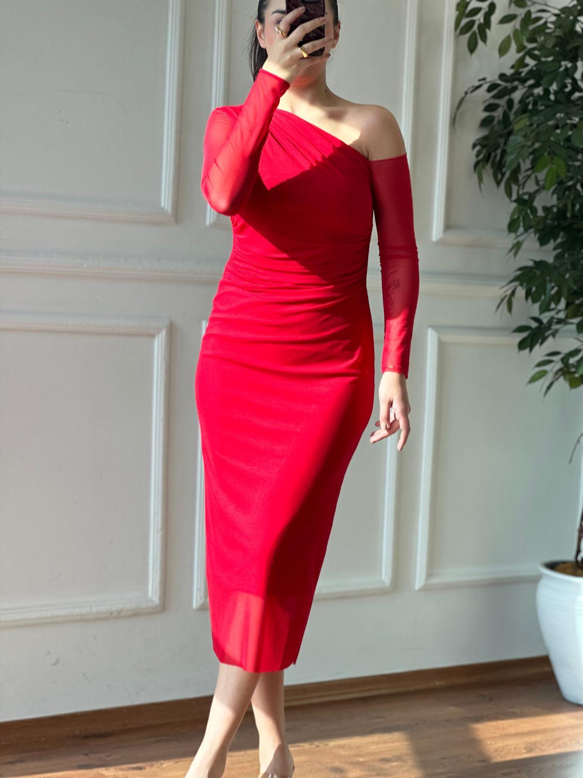 Tek Omuz Şifon Elbise 31942 Kırmızı