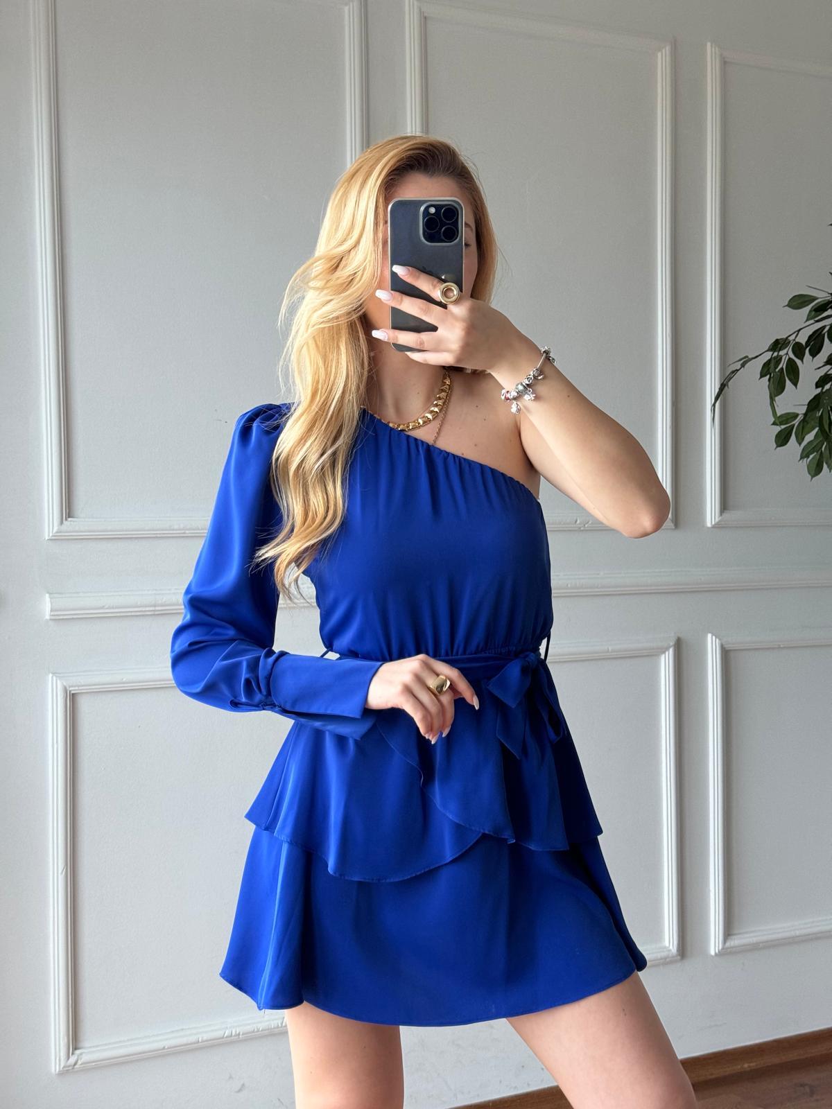 Tek Omuzlu Elbise 5387-1454 Saks Mavisi