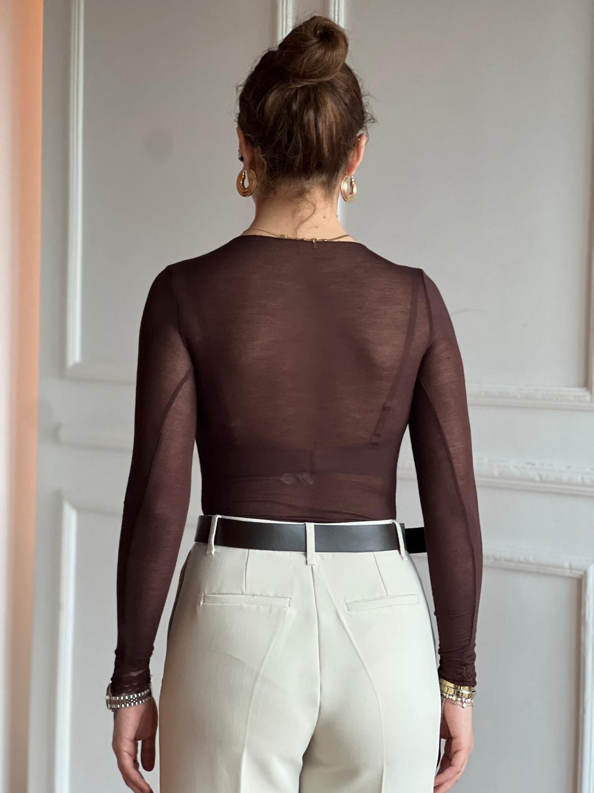 Trasparan V Yaka Dantelli Bluz 1338 Kahverengi