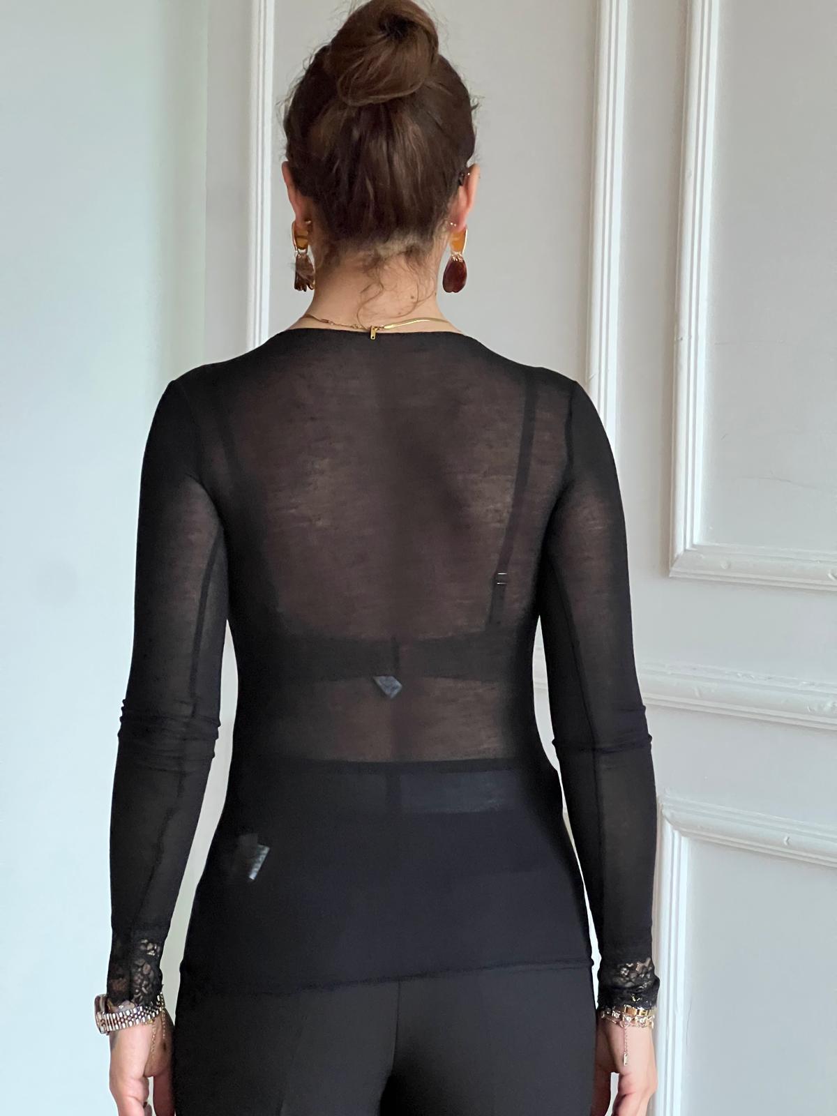 Trasparan V Yaka Dantelli Bluz 1338 Siyah