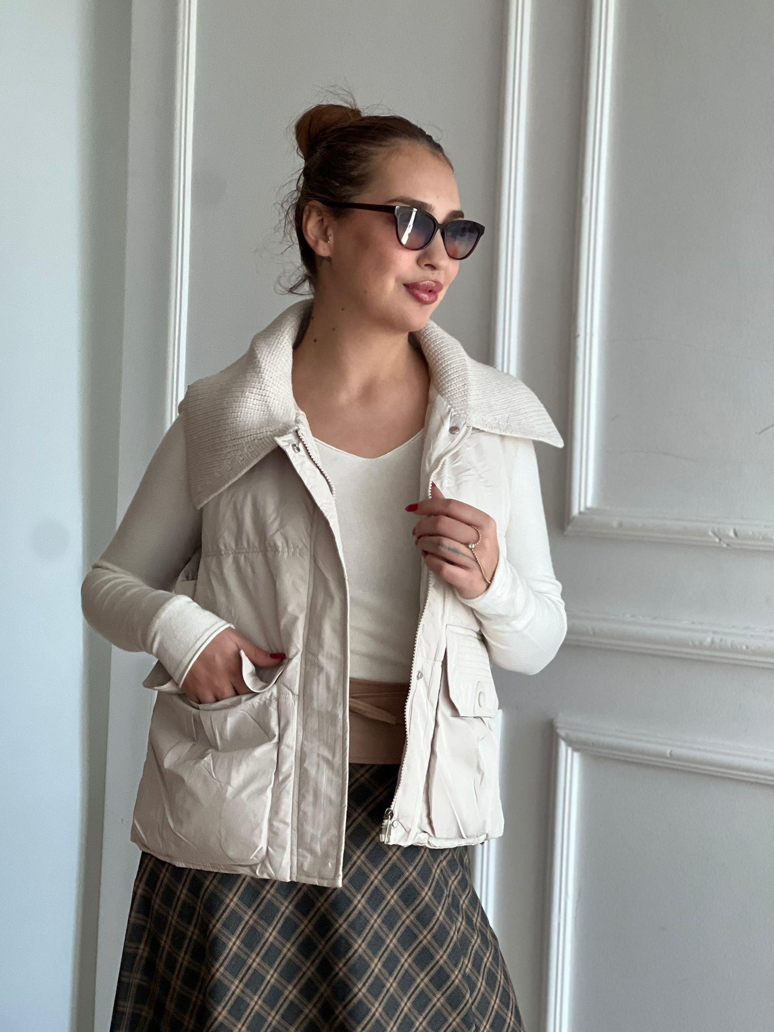 Triko Yaka Detaylı Yelek 99916 Açık Bej