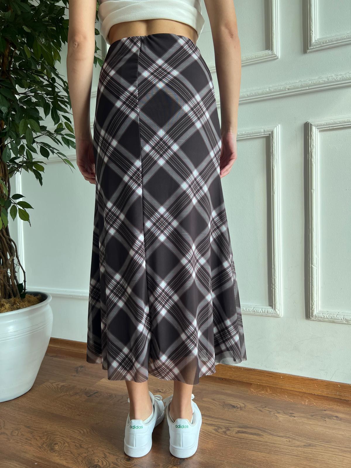 Tül Ekoseli Astarlı Etek 29812 Kahverengi