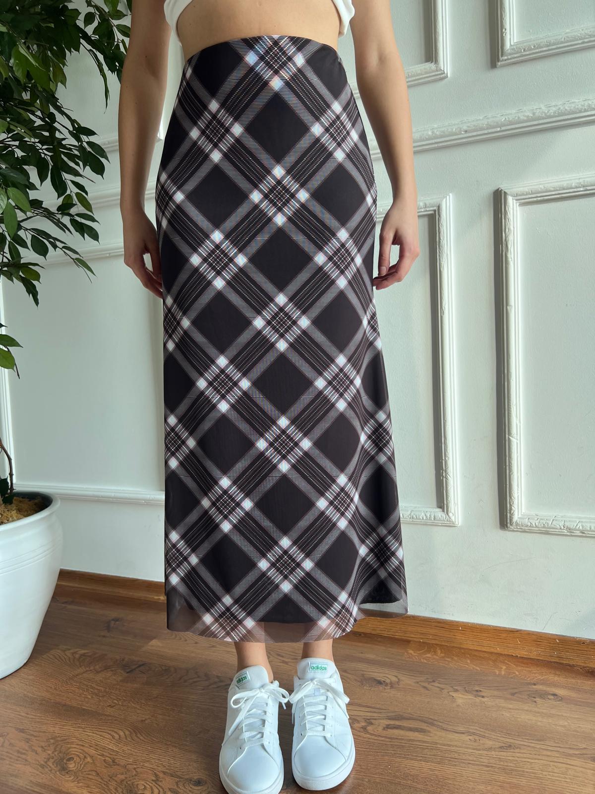 Tül Ekoseli Astarlı Etek 29812 Kahverengi