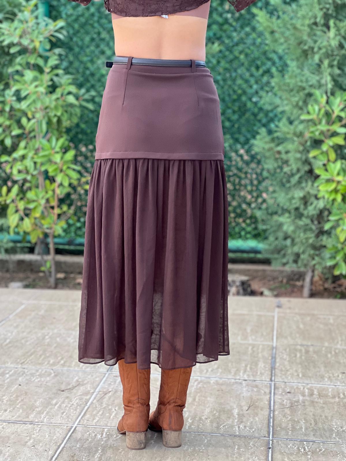 Tül Garnili Kemerli Midi Etek 00877 Kahverengi