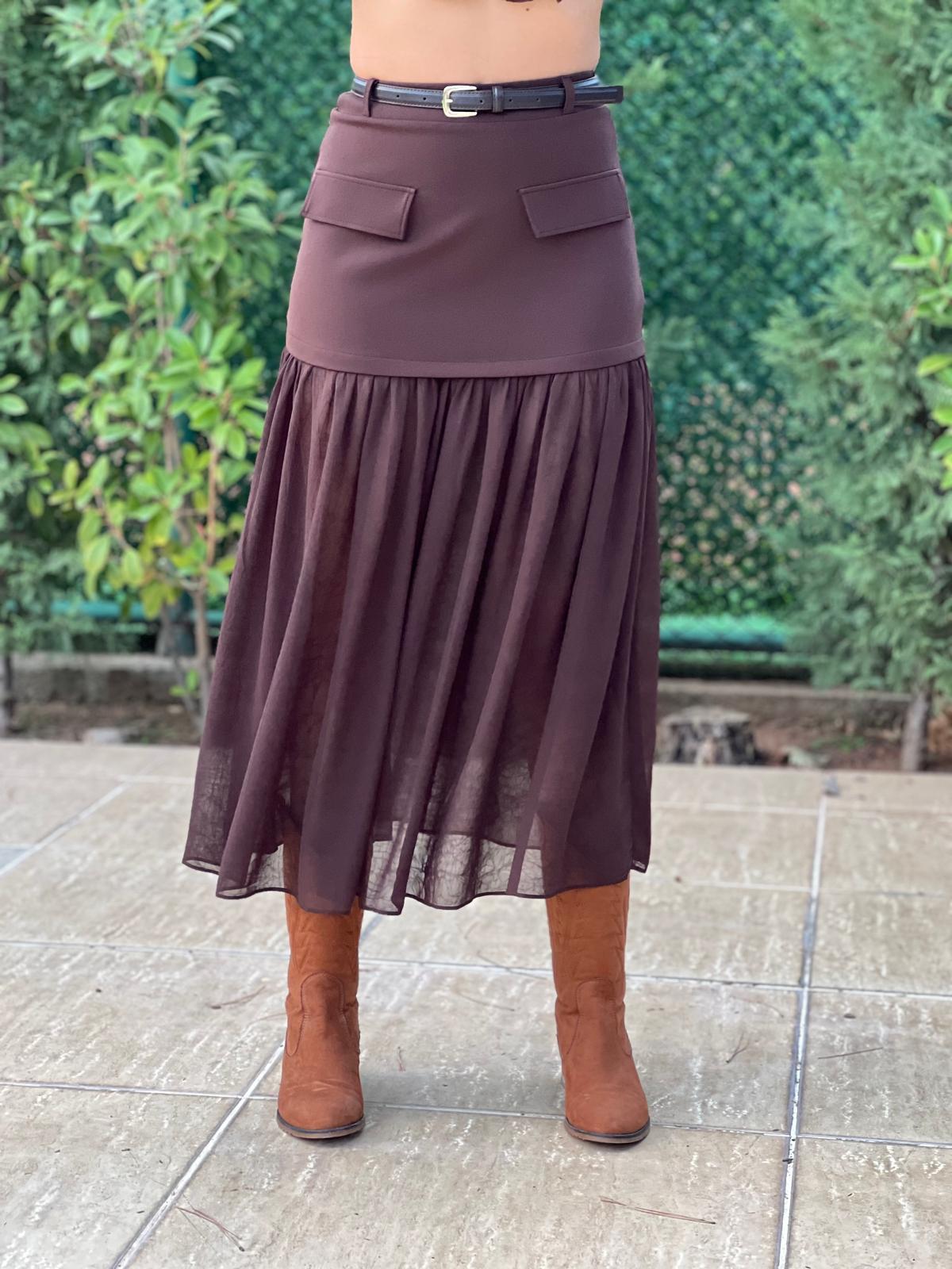 Tül Garnili Kemerli Midi Etek 00877 Kahverengi