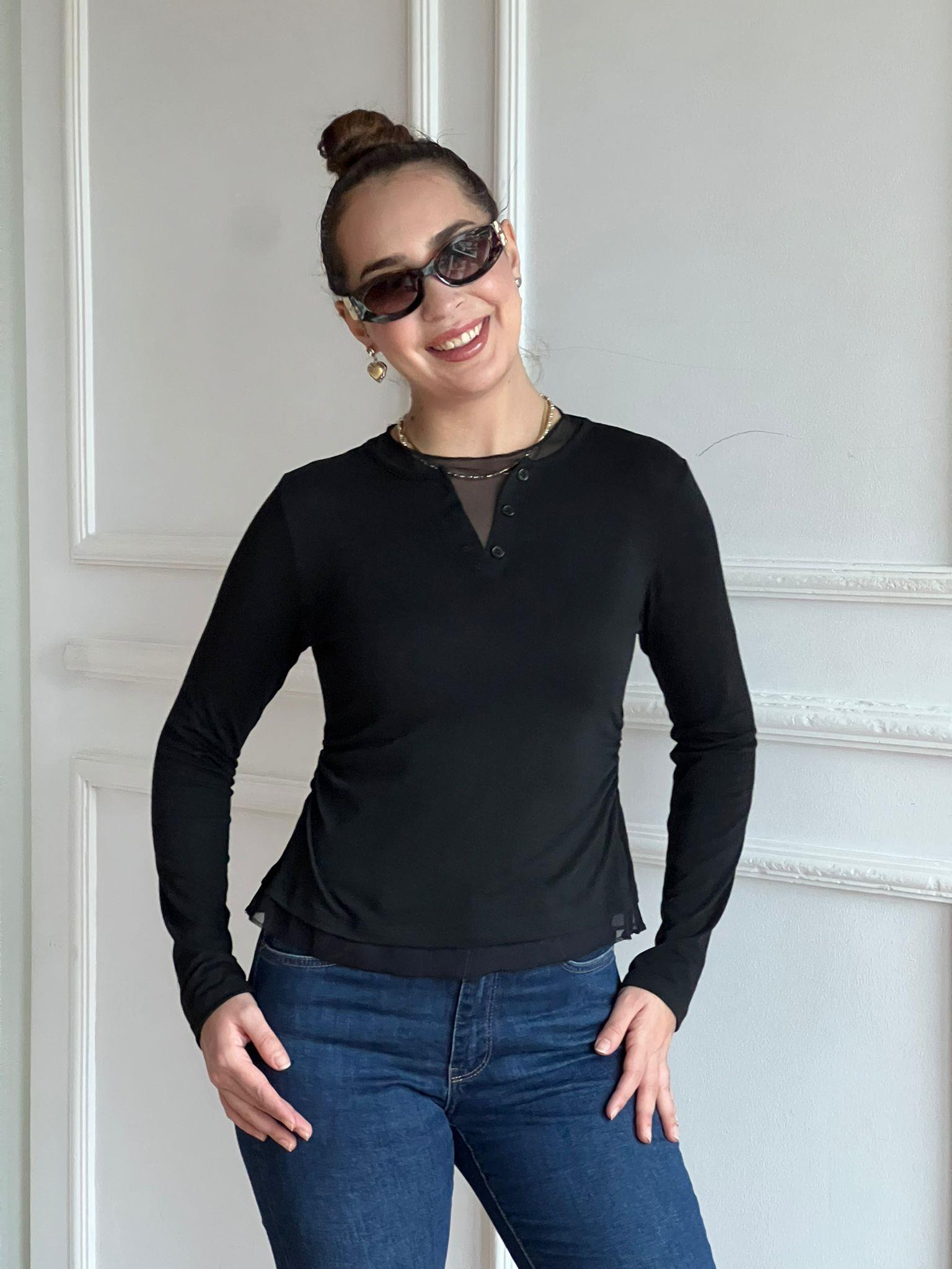 Tül Garnili Örme Bluz 2618076 Siyah