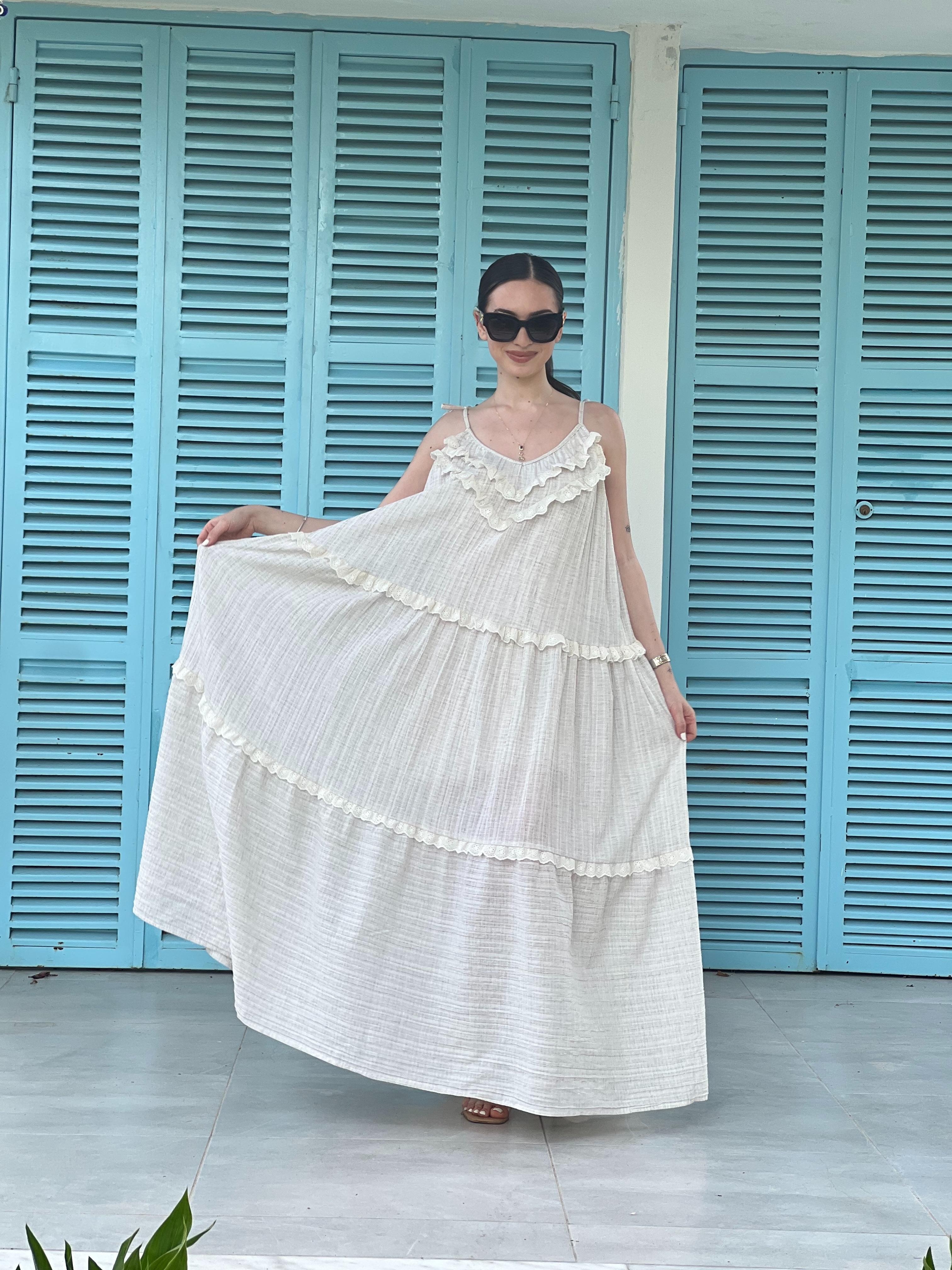 Uzun Fistolu Gofre Elbise 242-6009 Bej