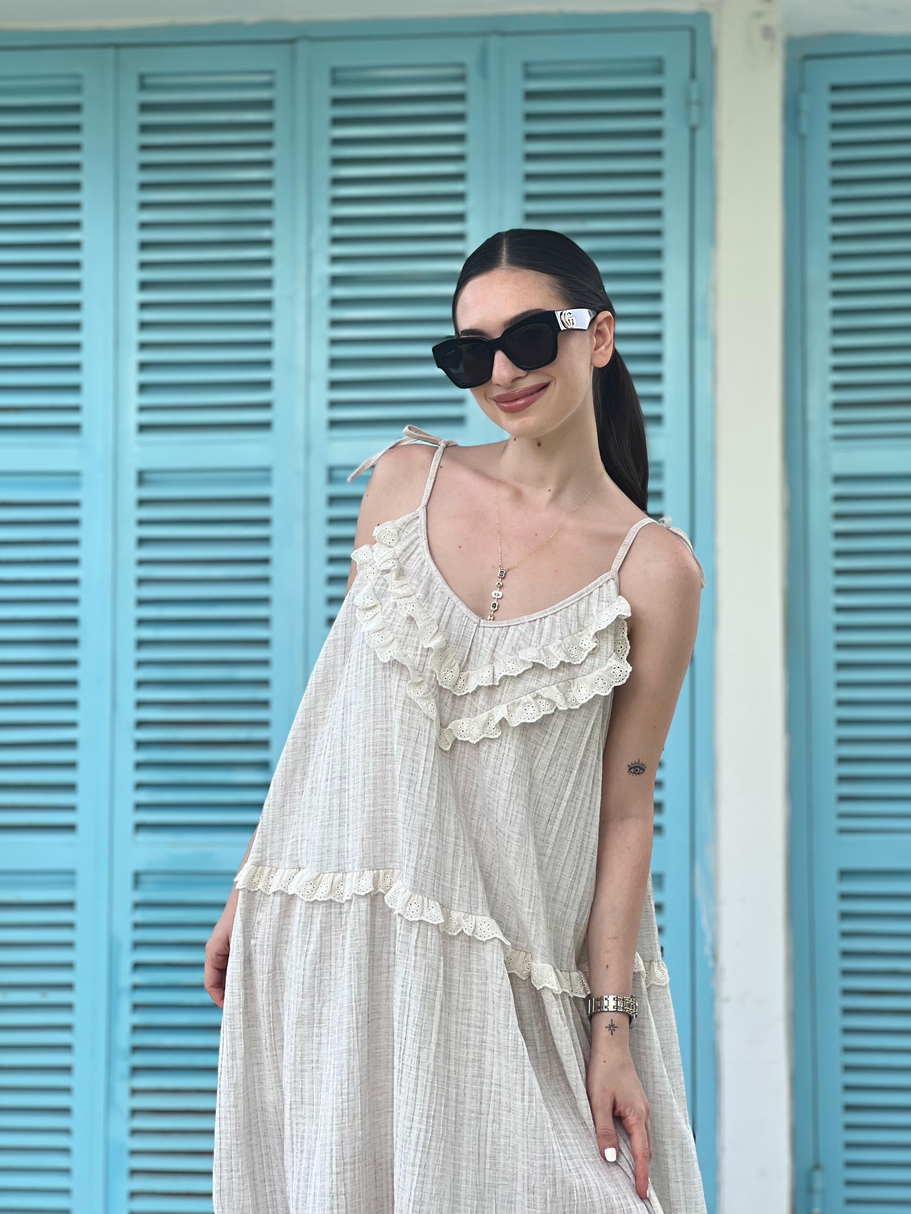 Uzun Fistolu Gofre Elbise 242-6009 Bej